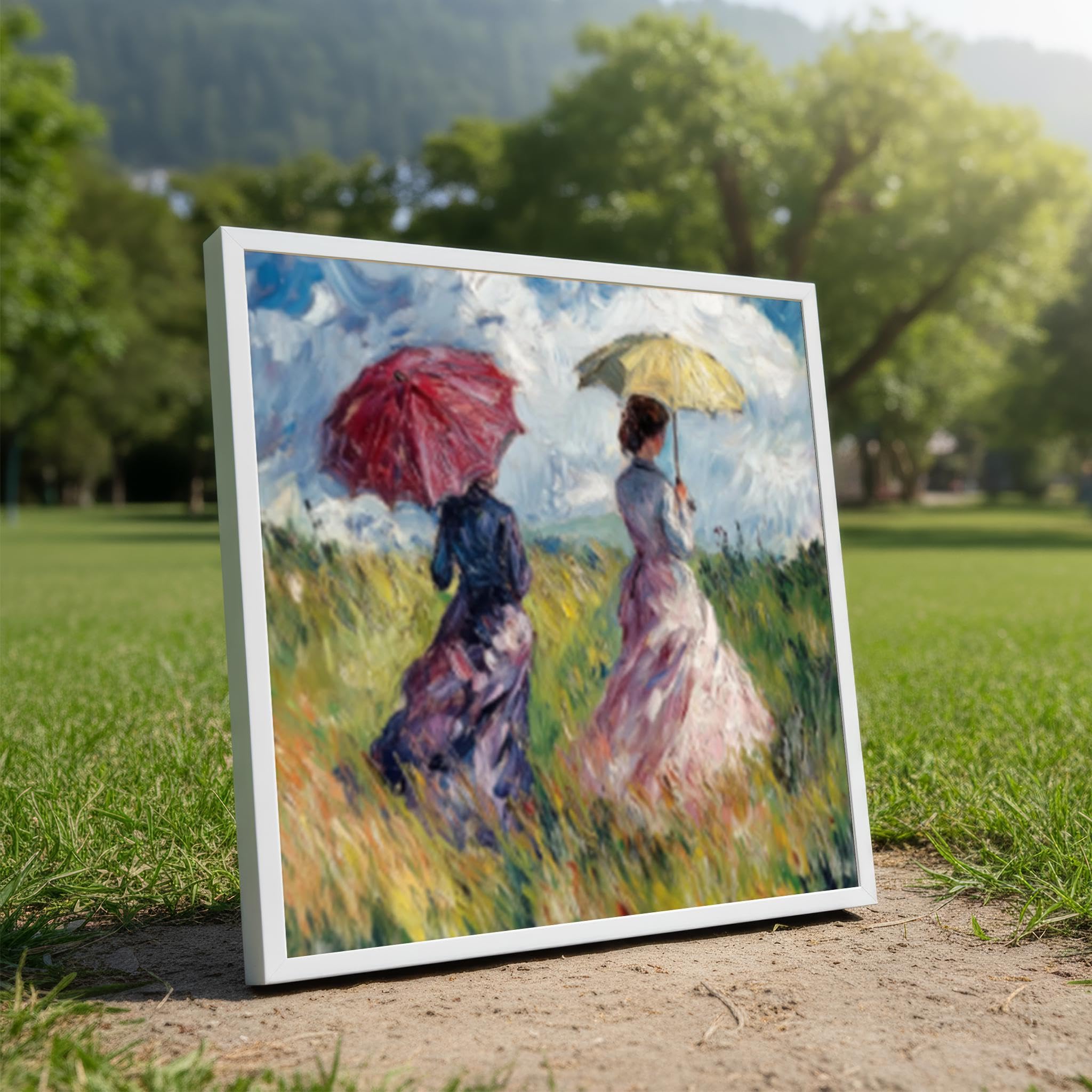 XBTYKPB Impressionist Women with Parasols Canvas – Spring Meadow Scene Canvas Wall Art Painting for Pastoral Home Decor Pictures(40x40cm/Frameless)