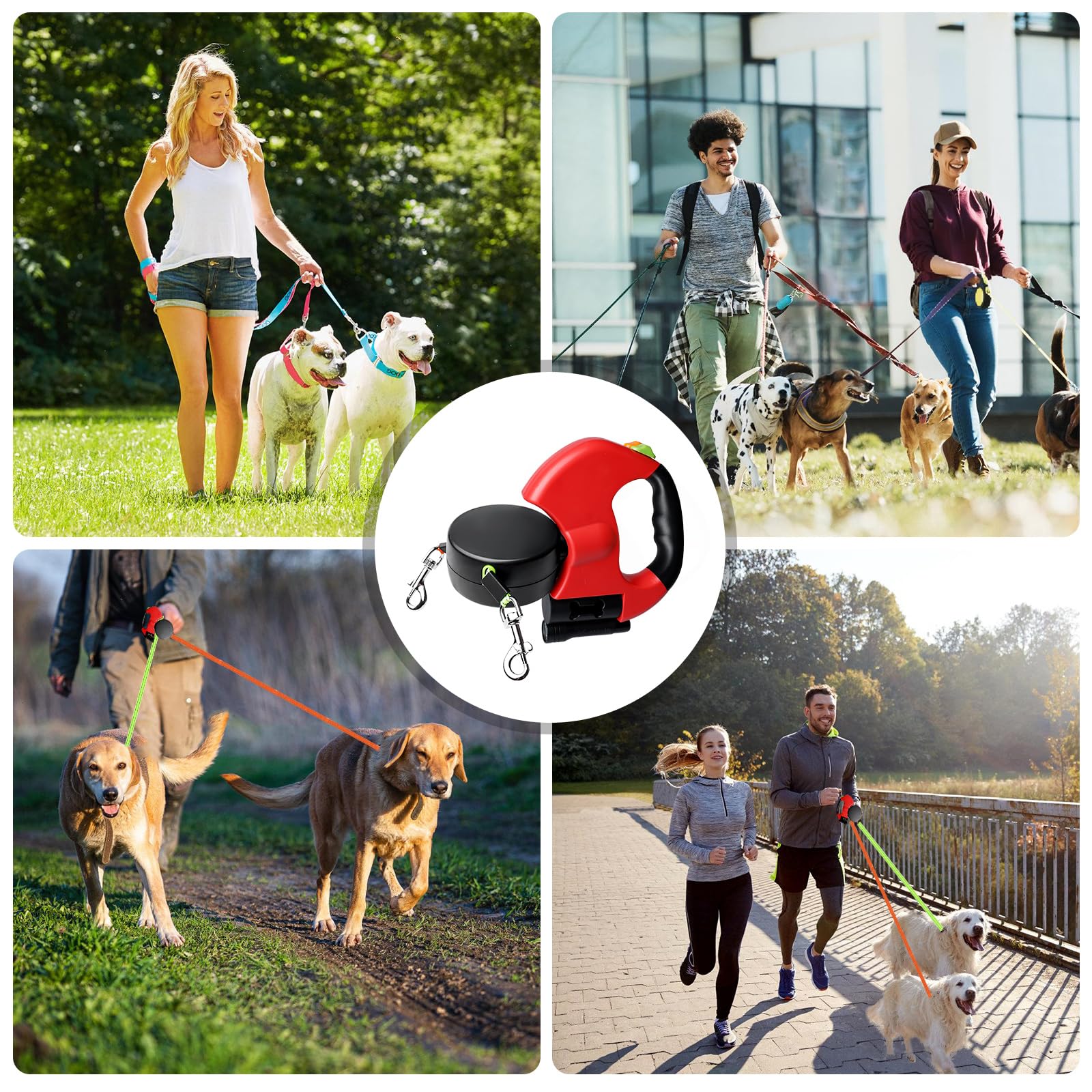 Laisse double pour 2 chiens - 3 mètres, laisse rétractable et extensible pour chiens avec fonction de lumière, poignée ergonomique et bobine
