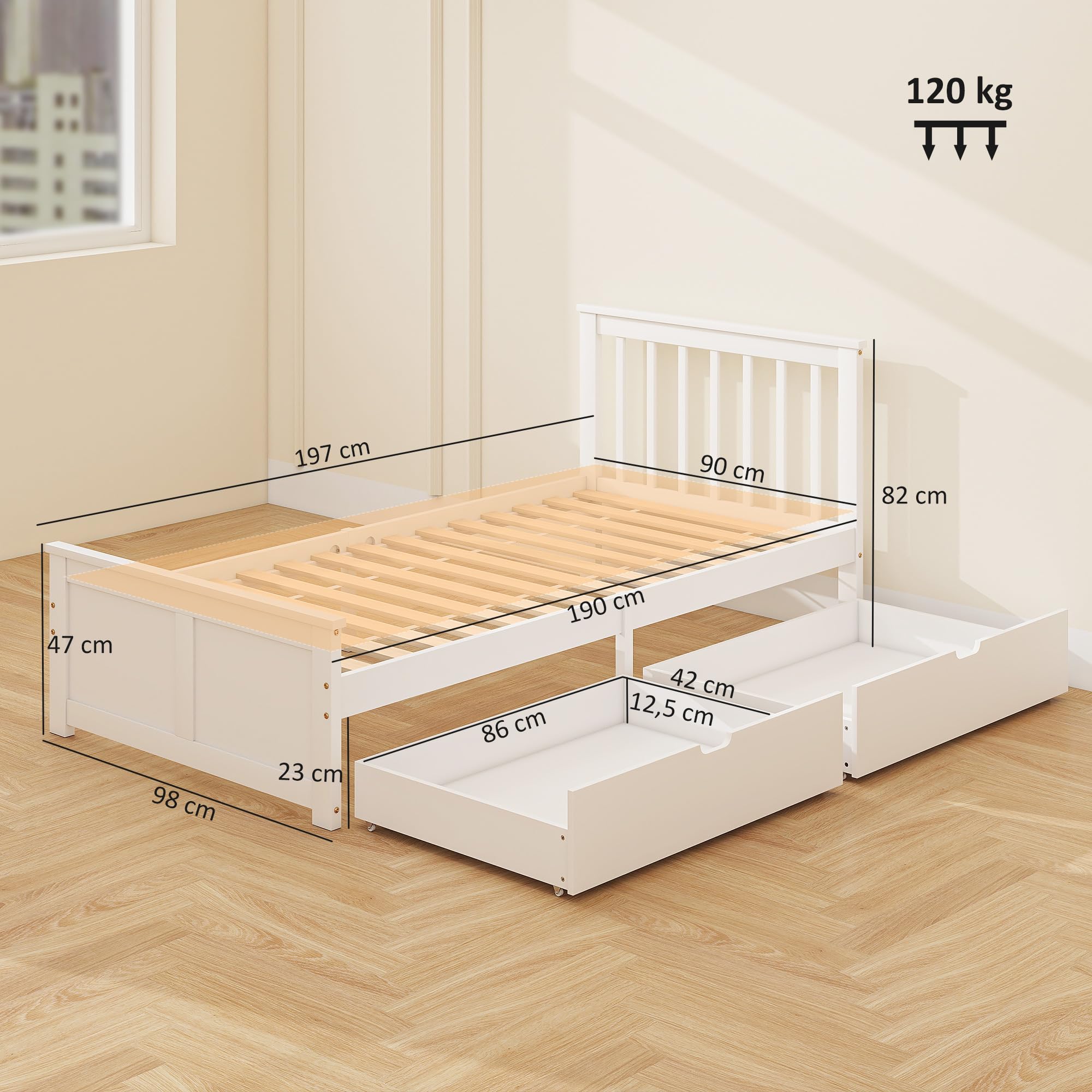 HOMCOM Cadre de Lit 90x190cm en Bois Massif Lit Coffre 2 Tiroirs Blanc