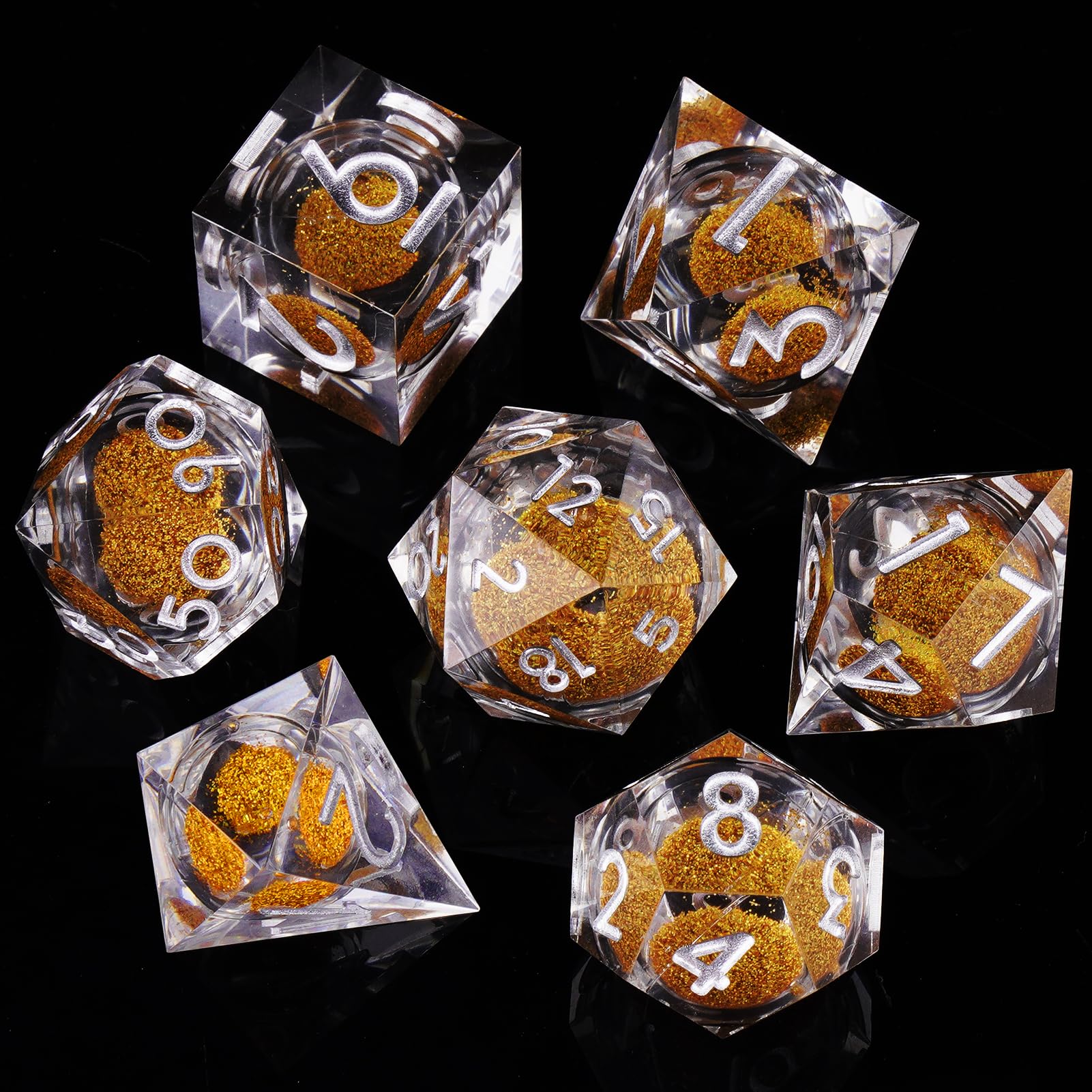ORUZA 7 PCS Liquid Core DND Dice Resin Sharp Edge Dice Polyhedral D&D Dice Set for Dungeons and Dragons RPG MTG Role Playing Game Dice D20 D12 D10 D8 D6 D4 D%