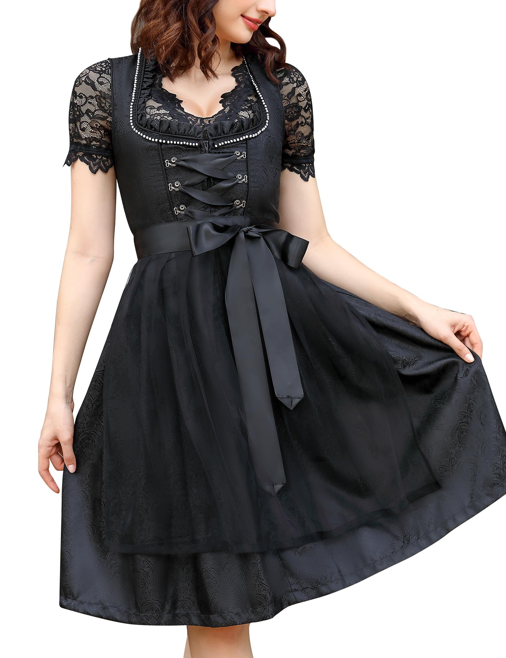 KOJOOIN Kurz Dirndl Damen 3Tlg. Trachtenkleid Midi für Oktoberfest mit Spitzenschürze