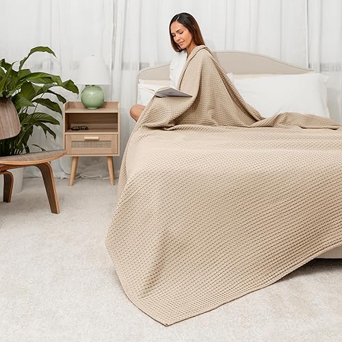 Miniatura 8 de Comfy Cubs Manta 100% de algodón con tejido de gofre, transpirable, agradable al tacto, suave, ligera, perfecta y cálida, tamaño para sofá, cama y