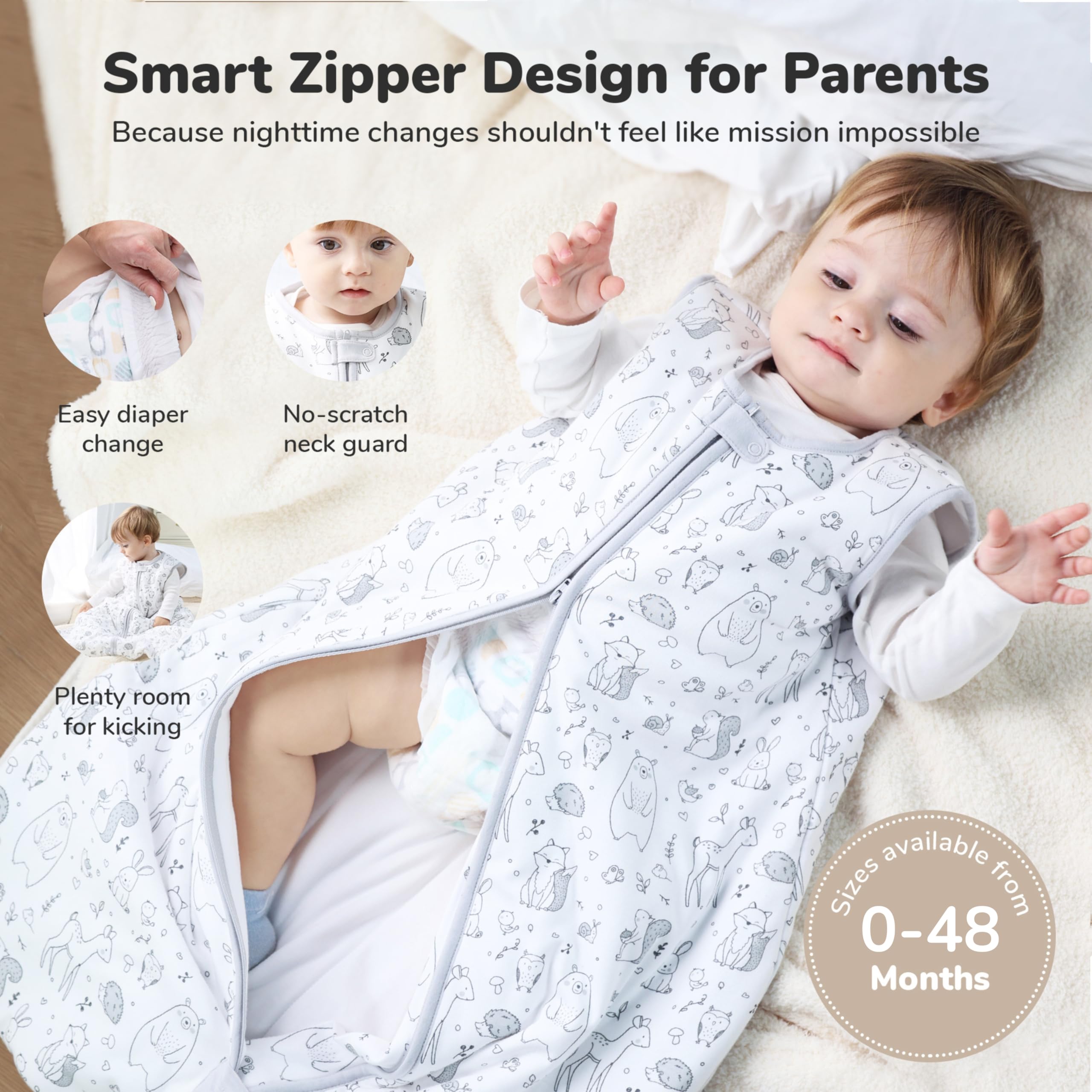 Mama Cheetah Sacco nanna da 2,5 TOG, in cotone organico, con cerniera a due vie, Swaddle Transition Baby Sleeping Bag for Newborn Infant Toddler Boy Girl, 18-24 mesi