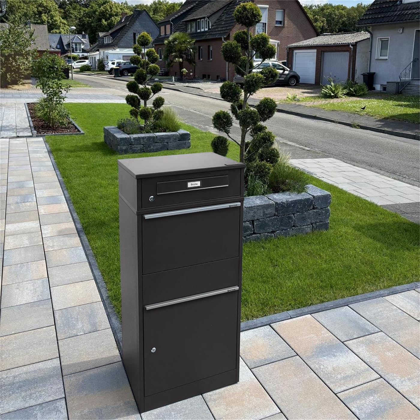 Metzler cassetta postale e box pacchi XXL da esterno acciaio zincato verniciato a polvere grigio micaceo DB 703 con targhetta nome intercambiabile sicura resistente intemperie design moderno