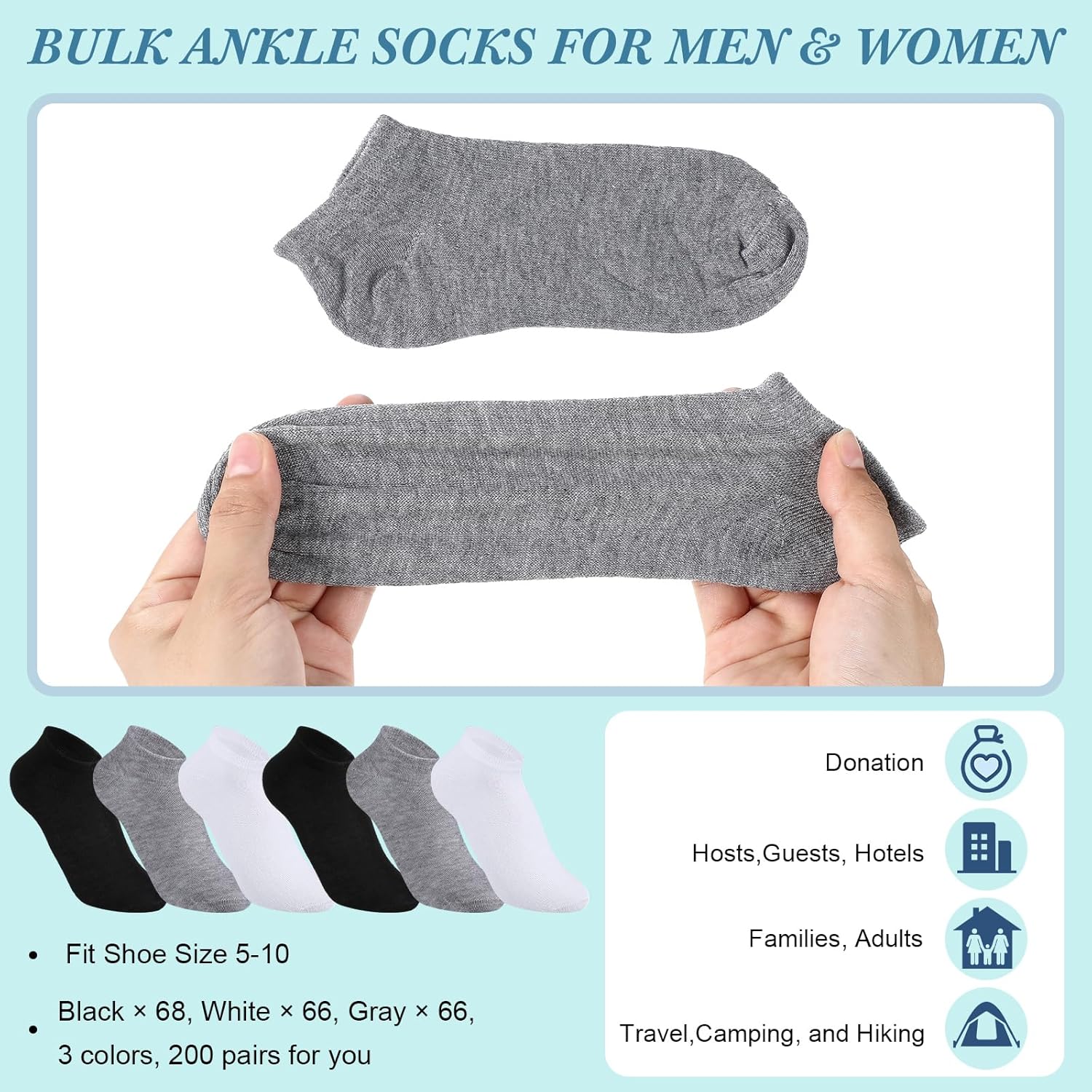 Tarpop 200 Pairs Low Cut Ankle Socks Bulk for Women Men Thin Breathable Casual Socks Pack for Unisex Homeless Charity Event - Image 2