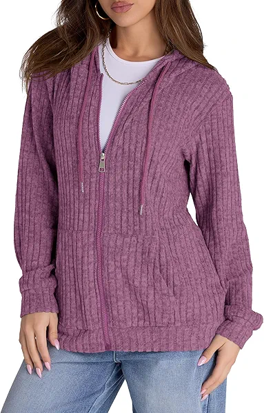 Witsmile Zip Up Hoodies for Women Long Sleeve Oversized Sweatshirts Basic Workout jacket Plum