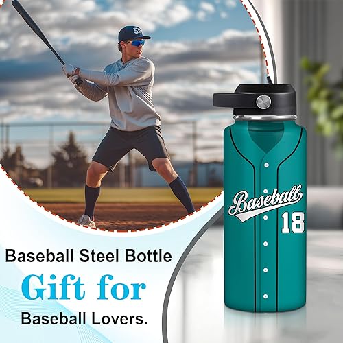 Vista 50 de Hyturtle Botella de agua de béisbol personalizada, botella de acero inoxidable aislada de viaje con tapa a prueba de fugas, 18 onzas, 32 onzas