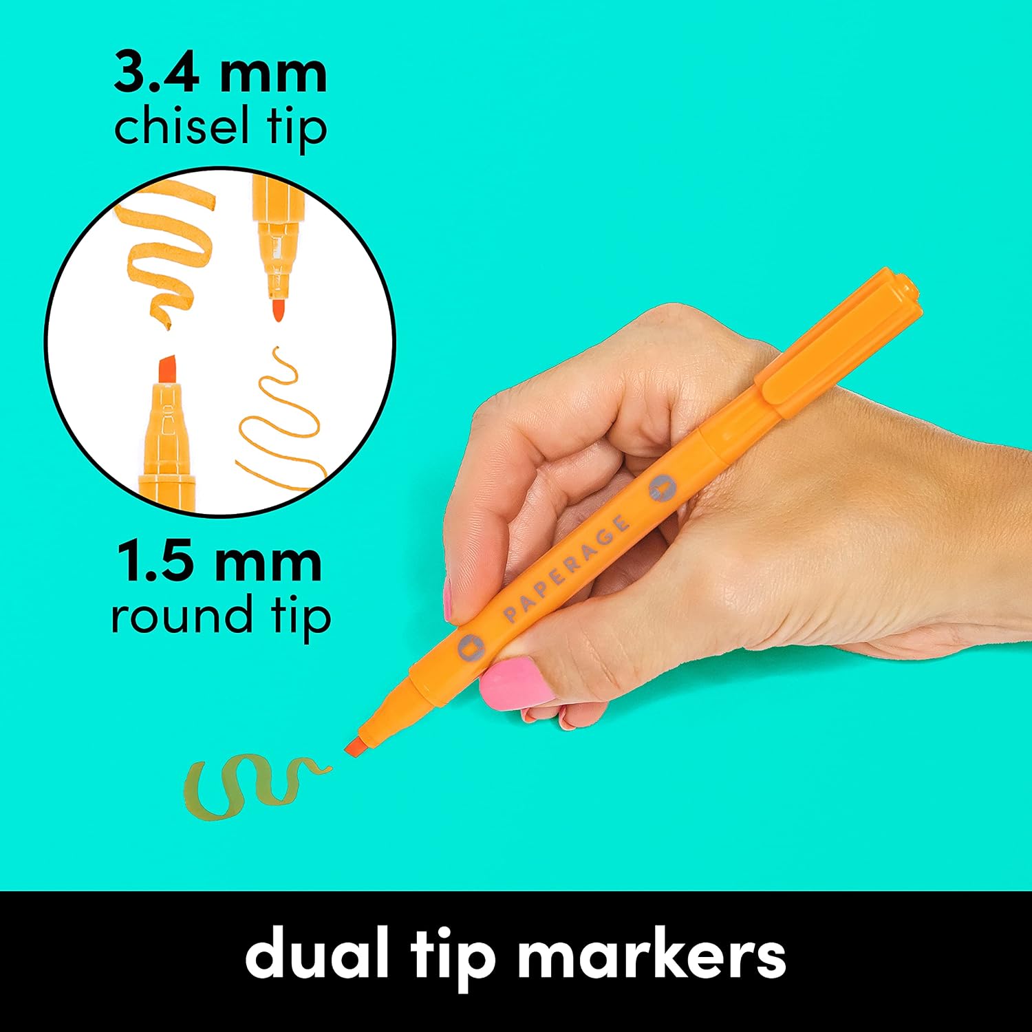 PAPERAGE Dual Tip Markers (3.4mm Chisel Tip + 1.5mm Round Tip), Rainbow, 18 Pack Dual Tip Coloring Markers for Drawing, Hand-Lettering, Pens Dual Tip Markers Journaling and More