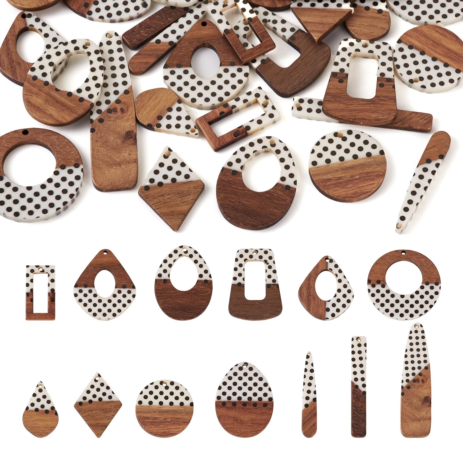FASHEWELRY 26Pcs Geometric Wood Pendants Polka Dot Pattern Printed Opaque Resin Walnut Wood Pendants for DIY Earring Necklace Jewelry Making — image 1