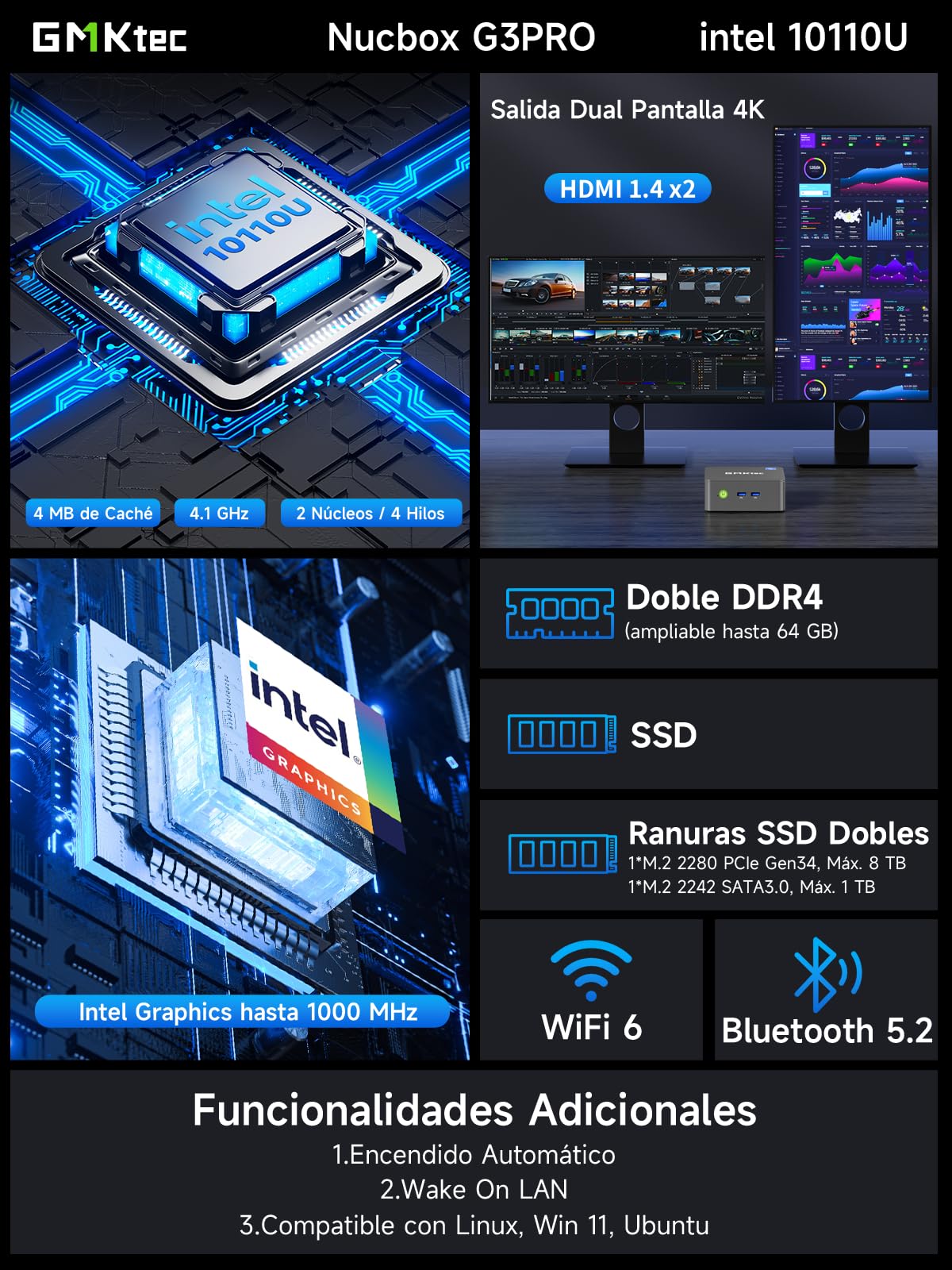 GMKtec G3 Pro Mini PC, 3 años de Asistencia, con Intel i3-10110U (hasta 4,1 GHz, Superior al 4300U/3250U), Mini Ordenador con 16 GB DDR4 RAM, 512 GB SSD, 3× USB 3.2, WiFi 6, BT 5.2, 2× HDMI, 2.5G LAN