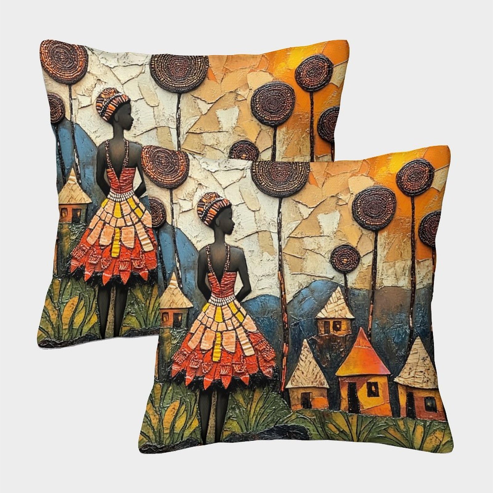 kaiyun 2 Pack Throw Pillowcase 40x40cmSan Women in Traditional Dress, Abstract Hut, Trees Pattern Cushion Cover Tribal Pattern Home Decoration
