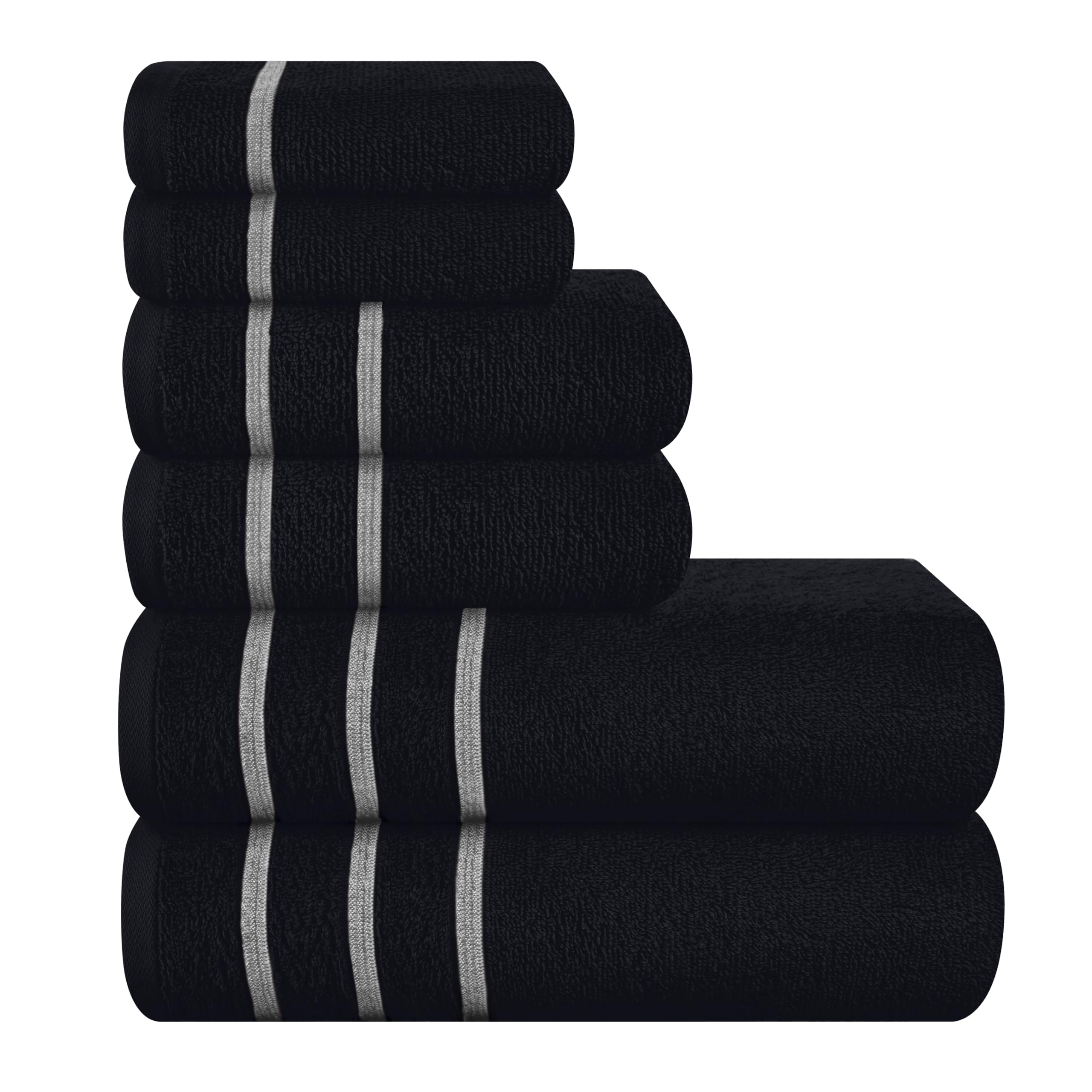 Ultra Soft 6 Pack Cotton Towel Set, Contains 2 Bath Towels 28x55 inch, 2 Hand Towels 16x24 inch & 2 Wash Coths 12x12 inch, Ideal Everyday use, Compact & Lightweight - Black, 71645