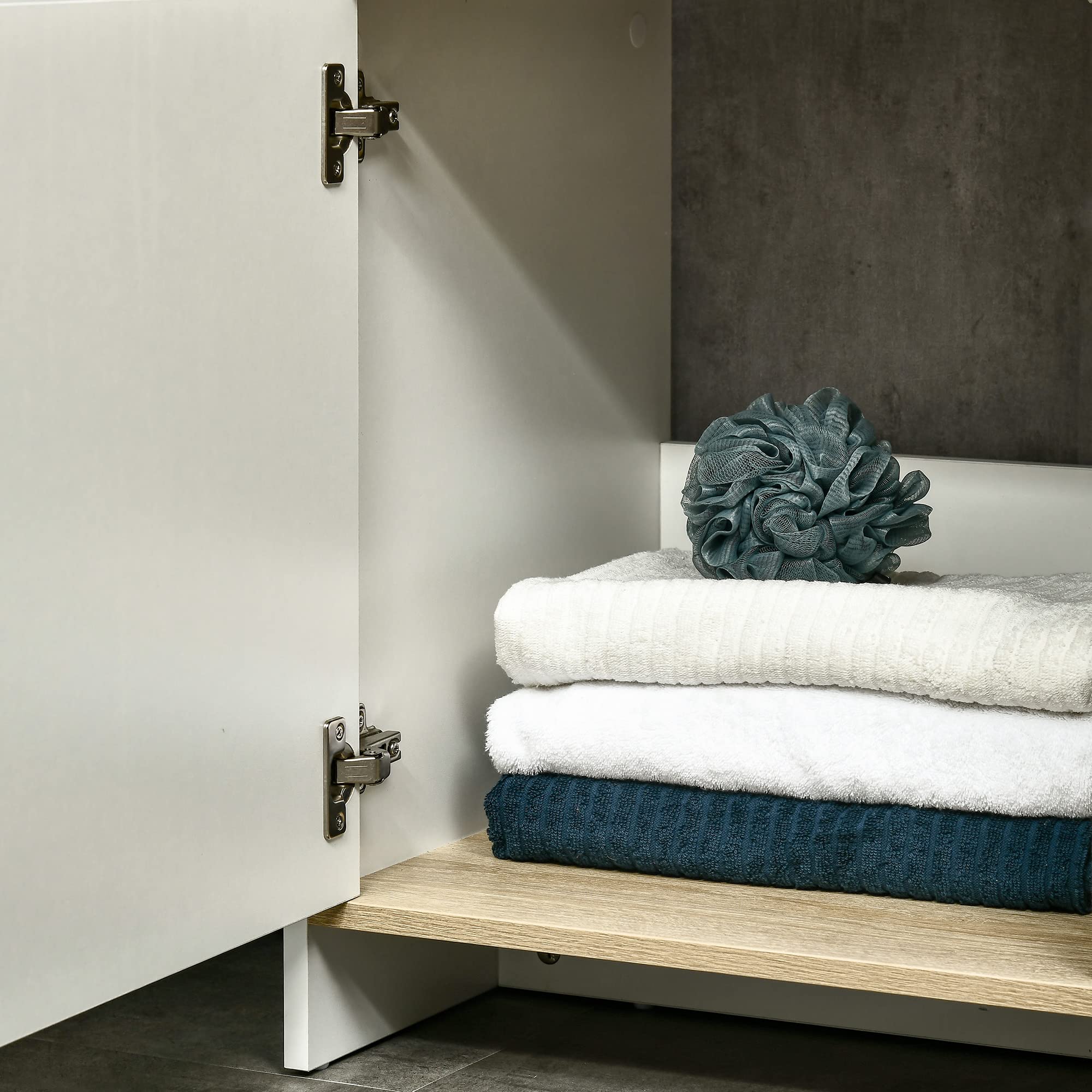 kleankin Mobile Bagno Sottolavabo 77 x 45 x 60cm Bianco e Color Legno | con Armadietto, 2 Mensole, in Legno Truciolare