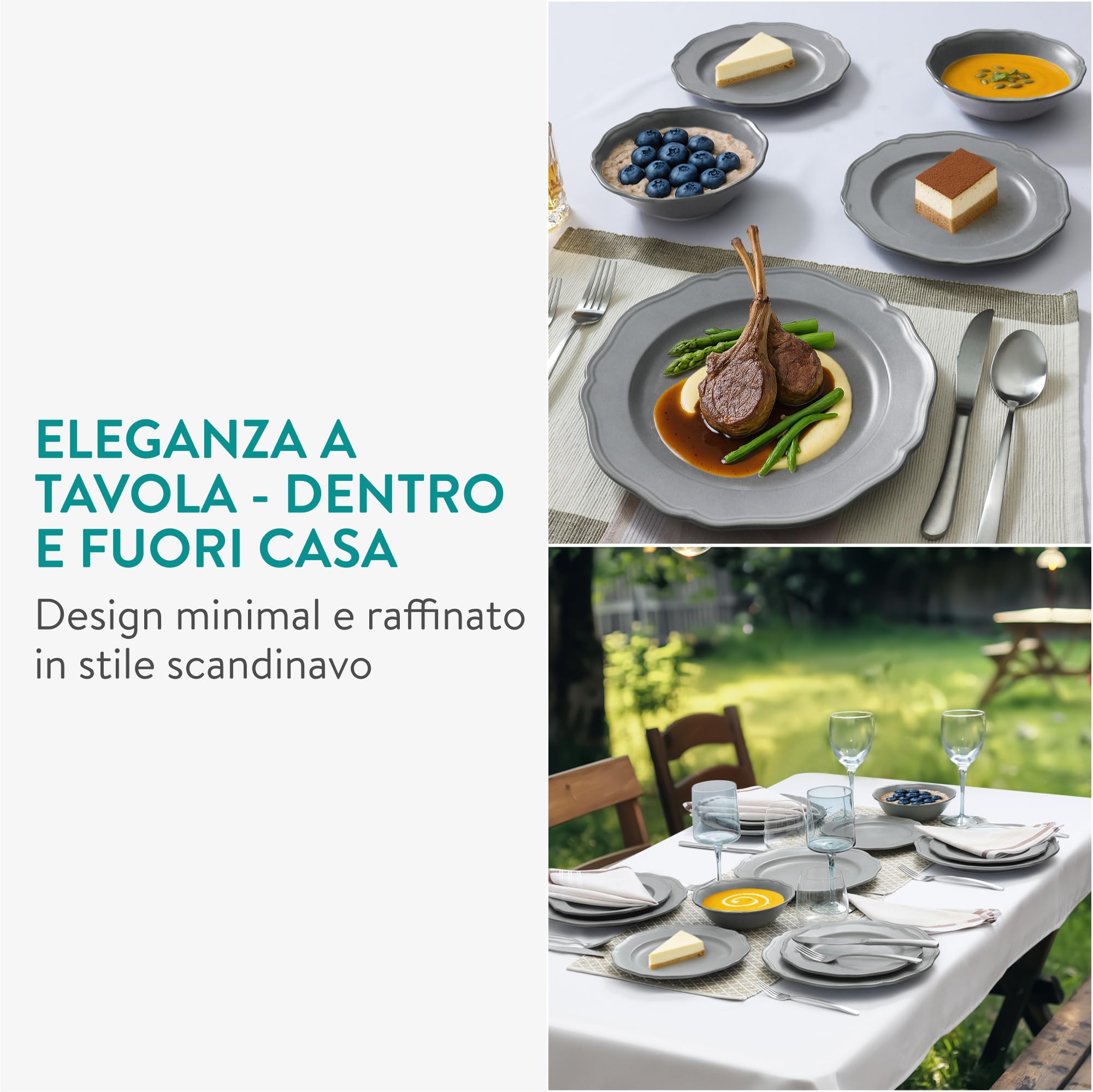 Navaris Set Piatti 18 Pezzi - Servizio Piatti Moderni di Porcellana per 6 Persone - Eleganti Decorativi e Resistenti - Adatto a Lavastoviglie e Microonde - Grigio