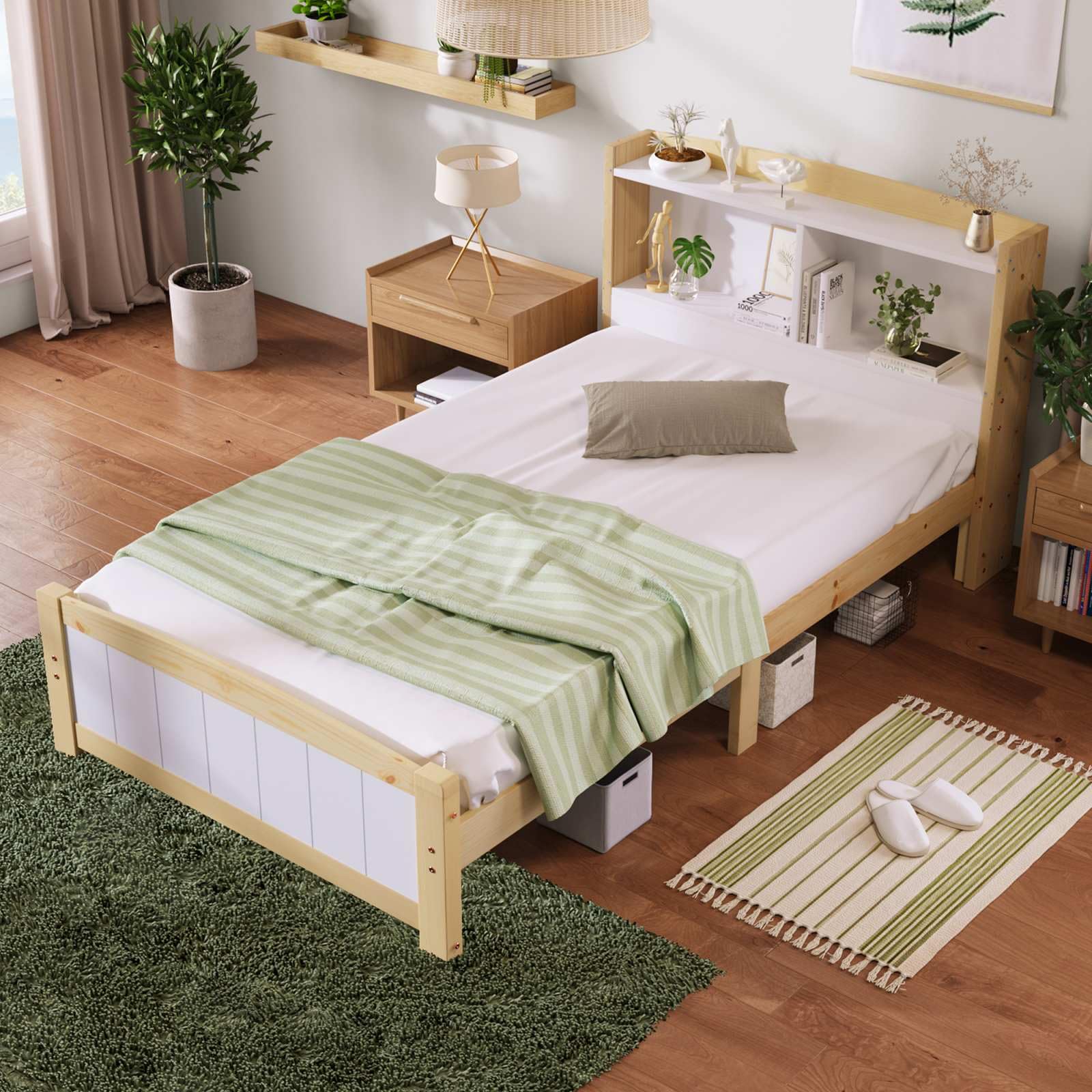 KOMHTOM Simple Lit en Bois avec Tête de lit de Rangement Cadre de lit Plateforme avec Sommier à Lattes pour Enfant, Adolescents(sans Matelas) (A, 90x200 cm)