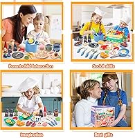 Vista 7 de 80 piezas de juego de cocina, juego de cocina de imitación para niños pequeños con ollas, sartenes, utensilios de cocina, alimentos, manta de Azul