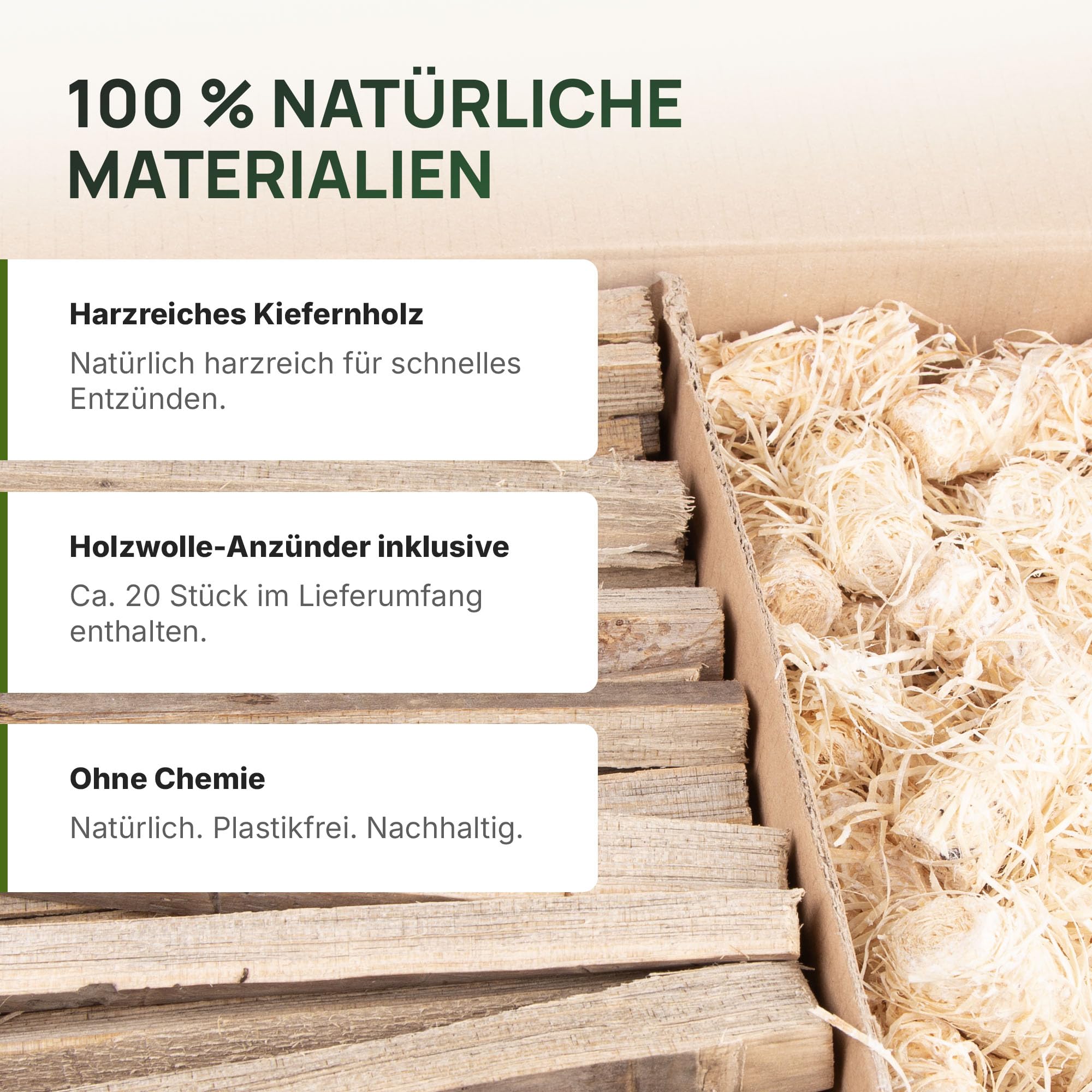 Leña de pino, caja de 27 litros (aprox. 7 kg) con encendedores de lana de madera, producto natural, encendedor para estufa, barbacoa y hoguera