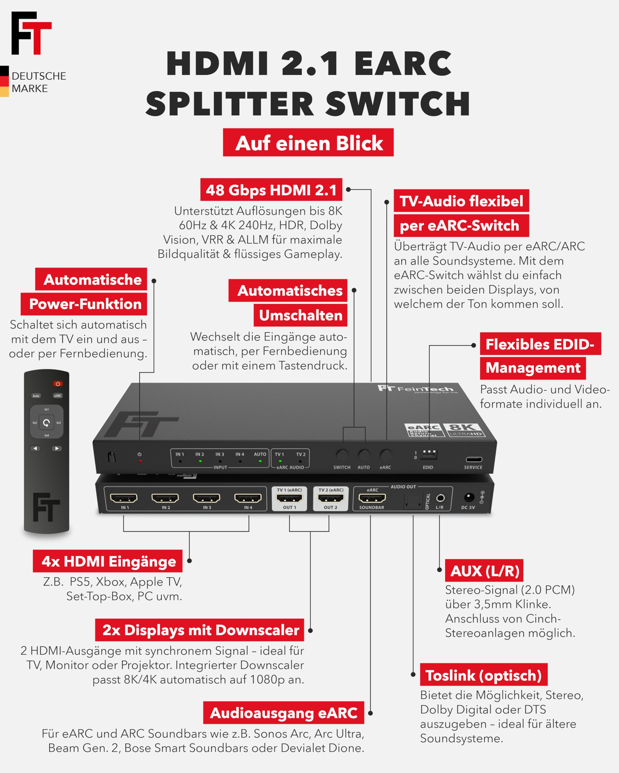 FeinTech AX341 HDMI 2.1 eARC Splitter Switch 4 In 2 Out mit Audio Extractor (eARC-Soundbar, Toslink & AUX), 8K 60Hz, 4K120Hz, Downscaler