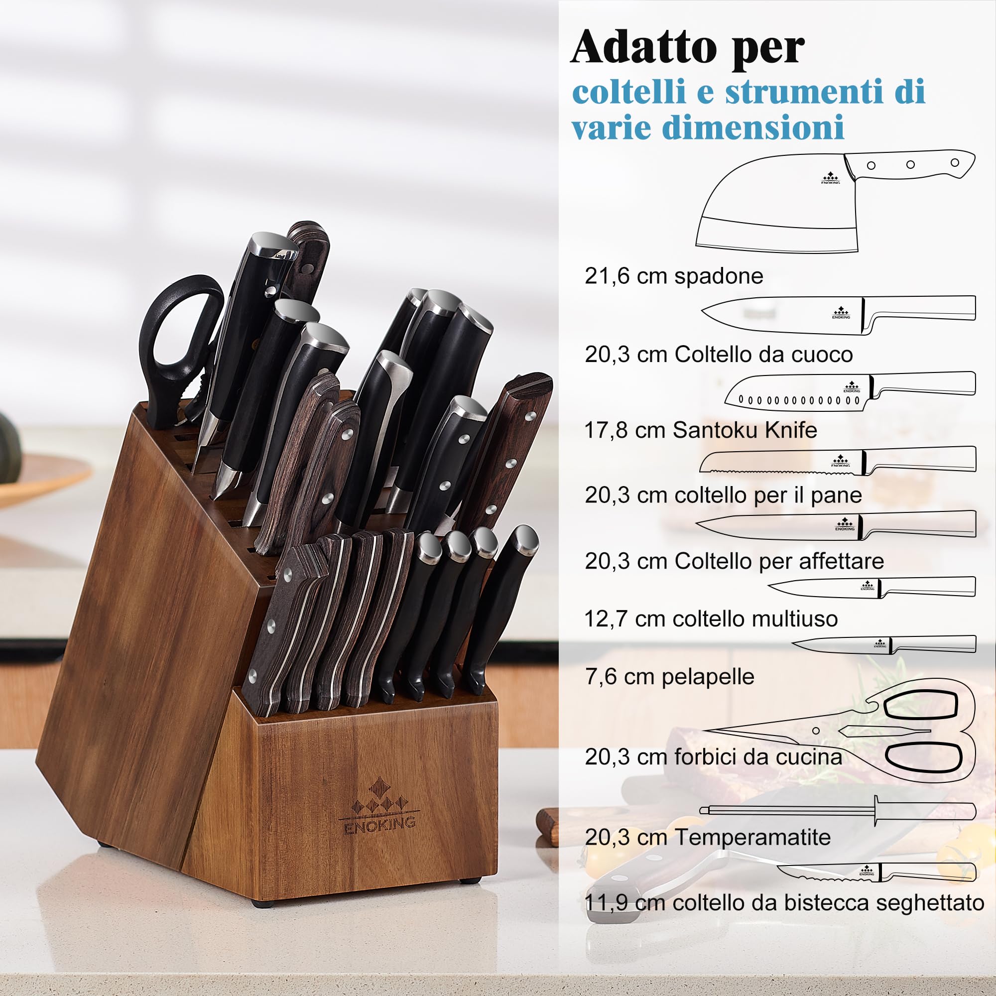 ENOKING Porta Coltelli Cucina, 25 Slot Portacoltelli da Cucina in Acacia per Bancone della Cucina, Ceppo Coltelli Vuoto di alta Qualità per Coltelli e Cesoie per Pollame/Acciaio per Affilare