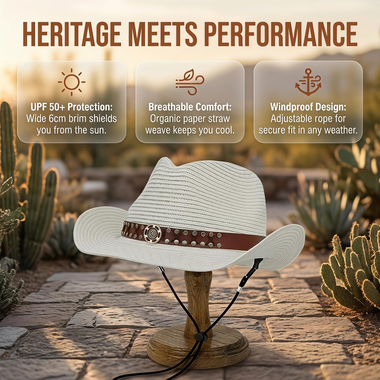 HEYANN Cappello da cowboy in paglia per uomo e donna, pieghevole, a tesa larga, estivo, con sottogola antivento, cappello da cowgirl regolabile, traspirante, protezione UV, spiaggia, giardino