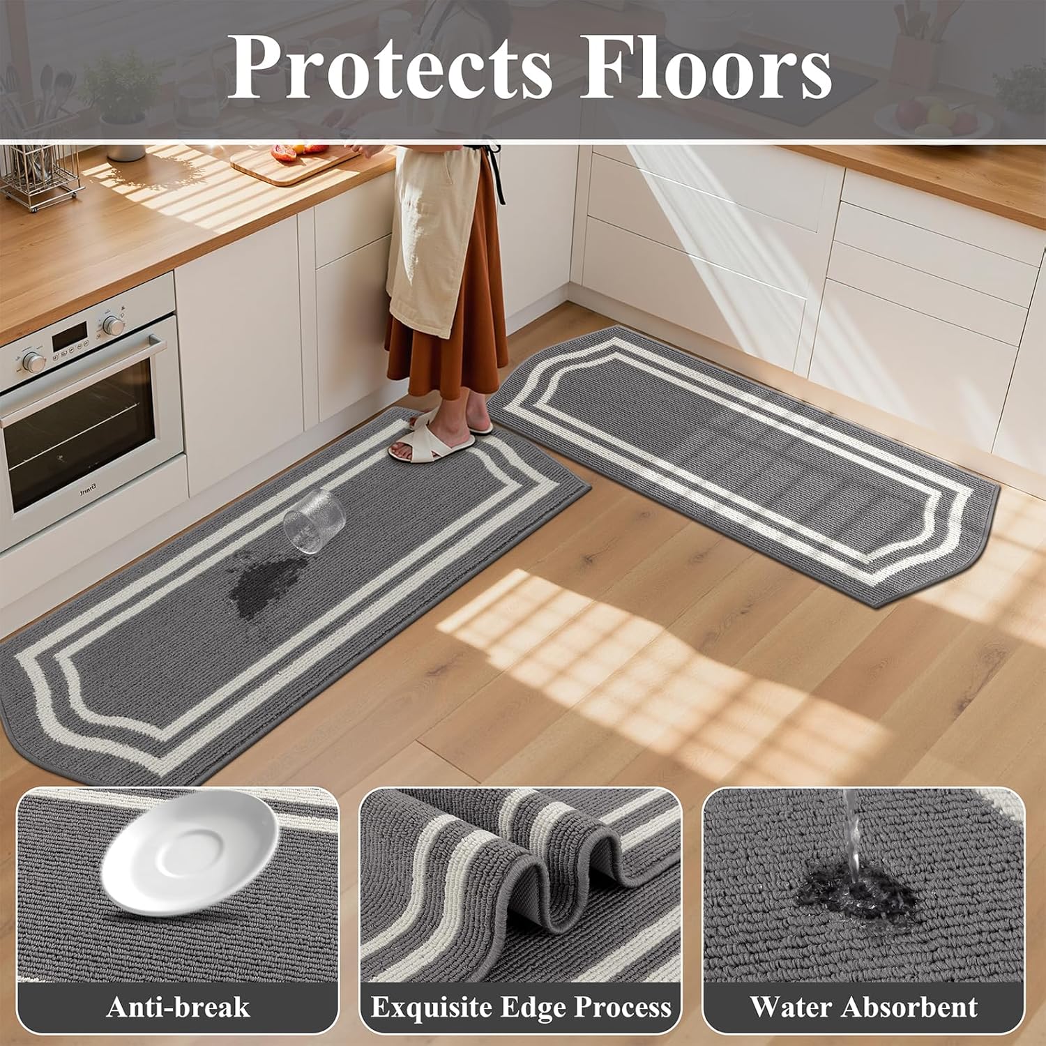 HEBE Farmhouse Kitchen Rugs Sets of 3 Non Slip Washable Boho Kitchen Rugs and Mats for Floor Kitchen Runner Rug Floor Carpet for Kitchen, Laundry, Hallways