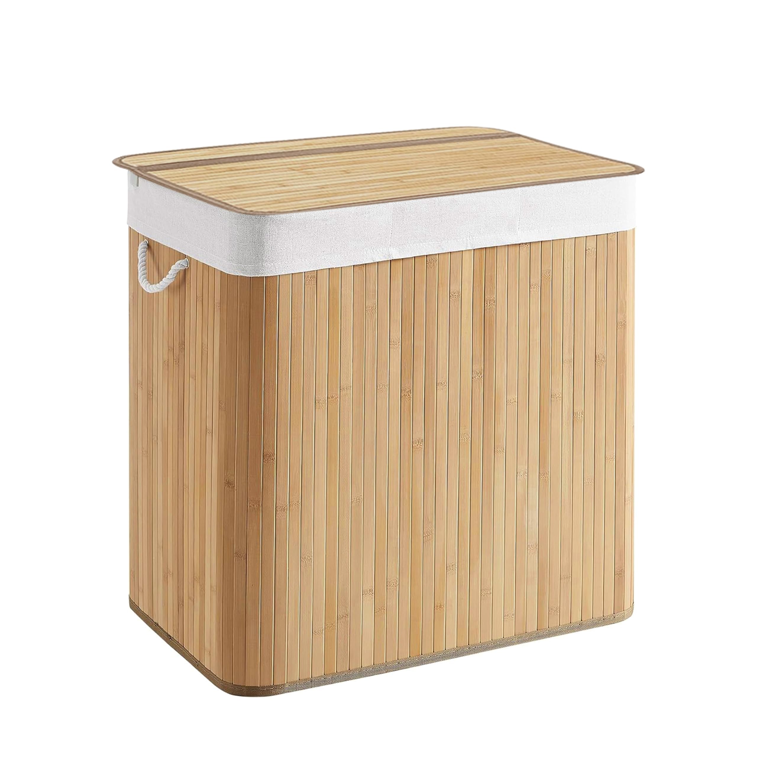 Panier à linge 3 compartiments FALSTER XXL B, 150 L, collecteur de linge avec couvercle, boîte à linge en bambou avec poignées, fonction pliable pratique, brun