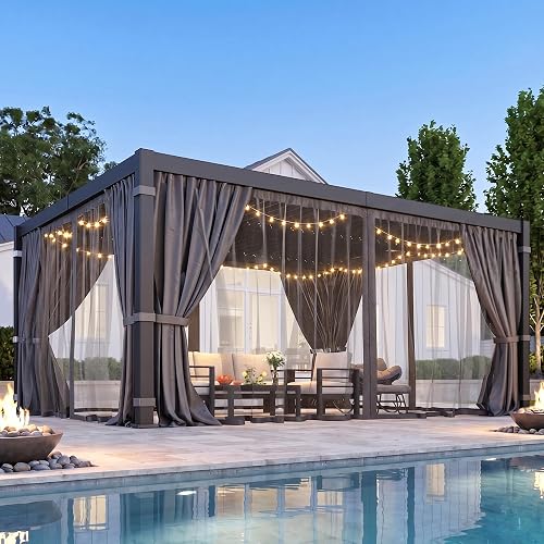 12' x 16' Louvered Pergola, Outdoor Pergola with Curtains & Netting, Metal Patio Pergola with Adjustable Louvers Roof and Gutter System, Metal Hardtop Gazebo for Patio, Deck, Garden, Yard, Dark Gray