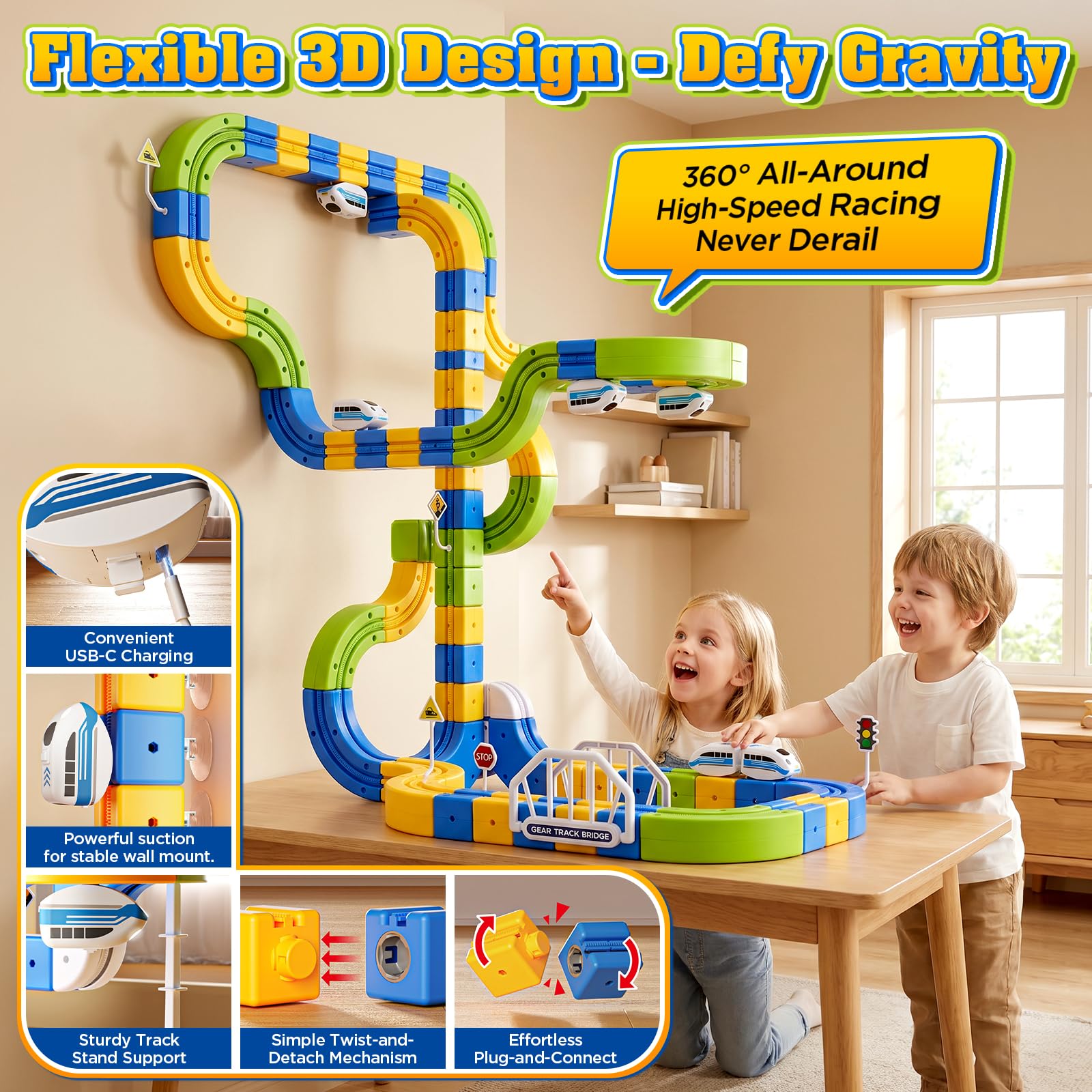 Set di trenino elettrico Click-Rail da 225 pezzi con 2 trenini più piccoli, binari flessibili, trenino a blocchi cubi fai-da-te con tracciati 3D che sfidano la gravità, ferrovia e blocchi magici