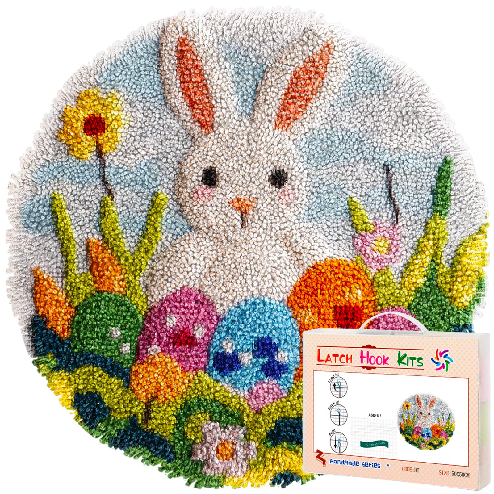 Latch Hook Rug Kit Cute Happy Easter Rabbit and Eggs Round Shape Carpet Crochet Yarn Craft DIY Hook and Latch Door Mat Tapestry for Christmas Home Floor Decor 50x50cm-3