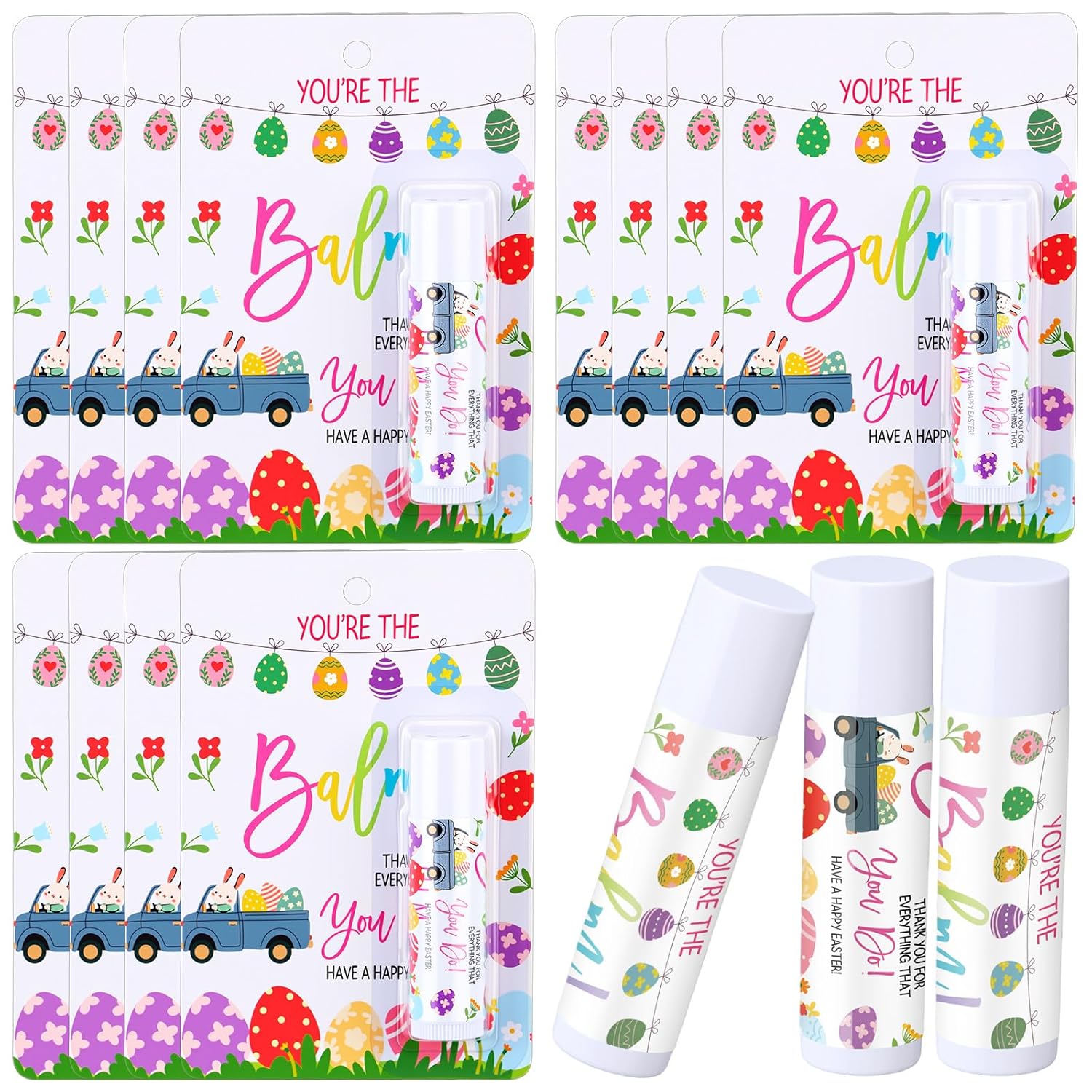 48 Pack Easter Basket Stuffers Lip Balm Gifts Bulk Easter Basket Fillers Party Favors for Adults Women Teacher Coworkers Thank You Gift Set You're the Balm Moisturizing Lip Care (Egg)
