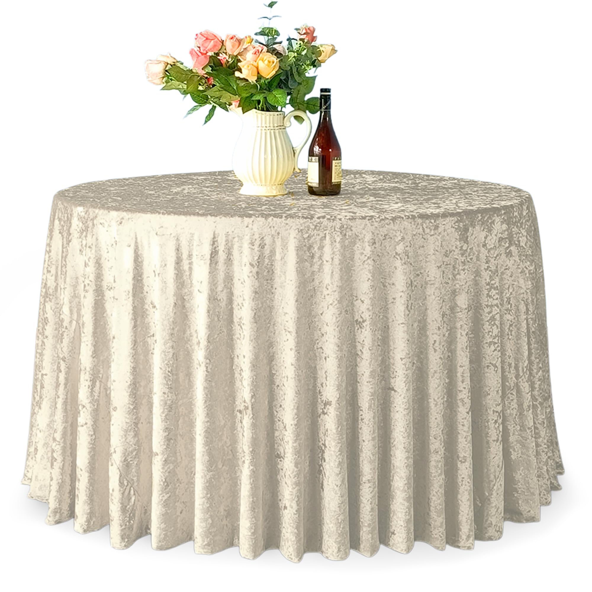 Trimming Shop 132" Round Champagne Crushed Velvet Table Cloth, Pack of 5