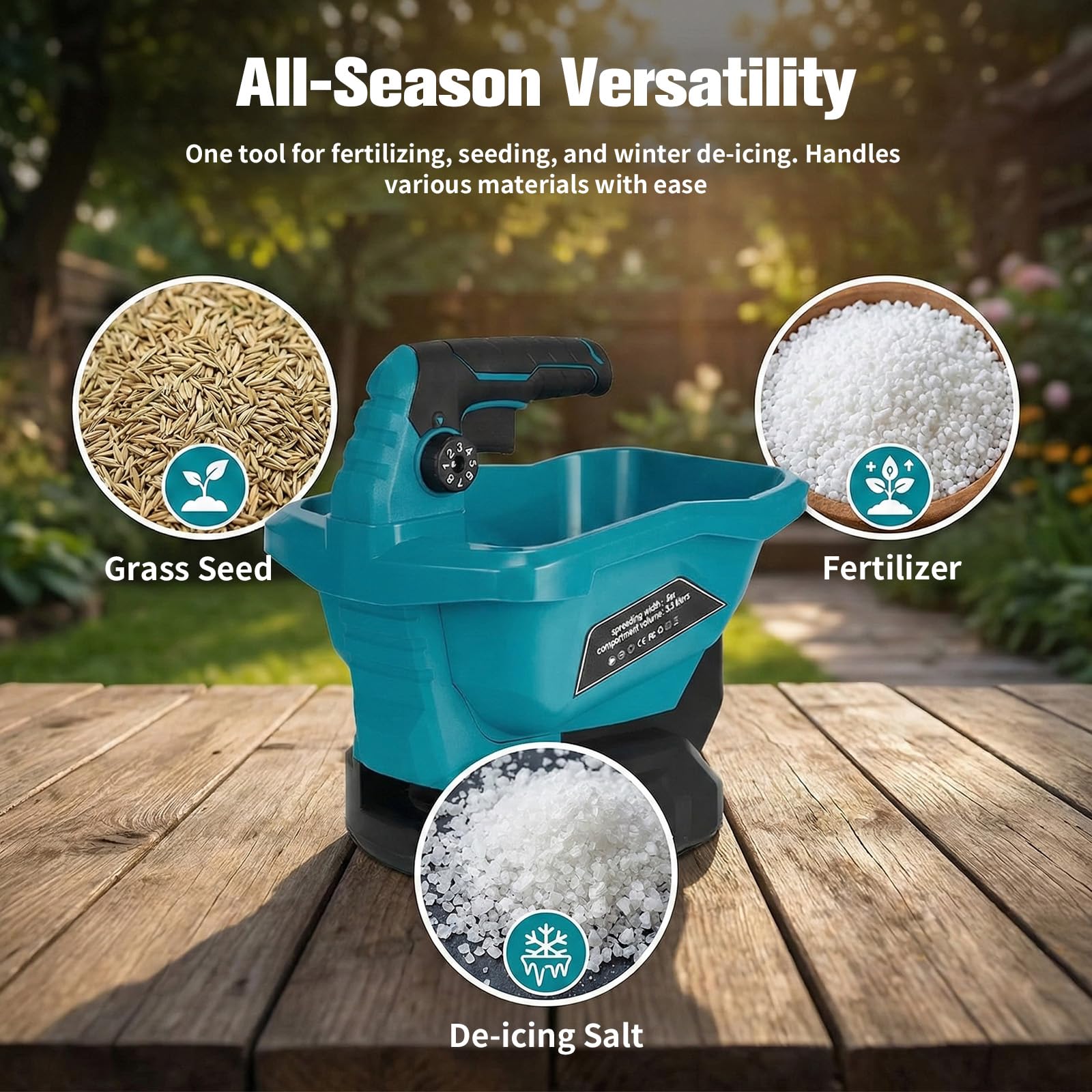 Esparcidor de abono inalámbrico compatible con batería Makita de 18 V, 3,3 litros, carro de siembra y esparcidor manual para fertilizantes, semillas, sal de carretera, 5 m de ancho, 6 velocidades y 8