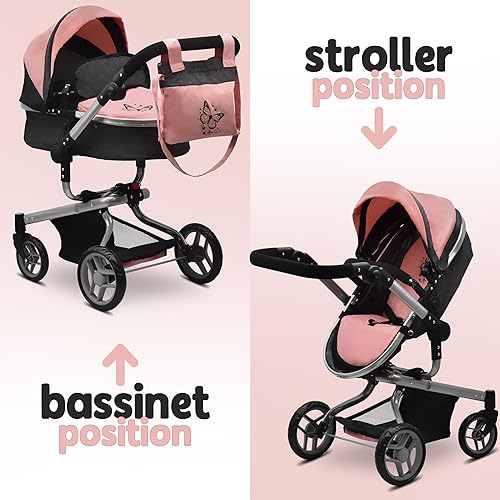 Miniatura 2 de Cochecito de muñeca convertible realista 2 en 1 con bolsa, cesta plegable de juguete con asa ajustable, ruedas giratorias, juego de simulación para