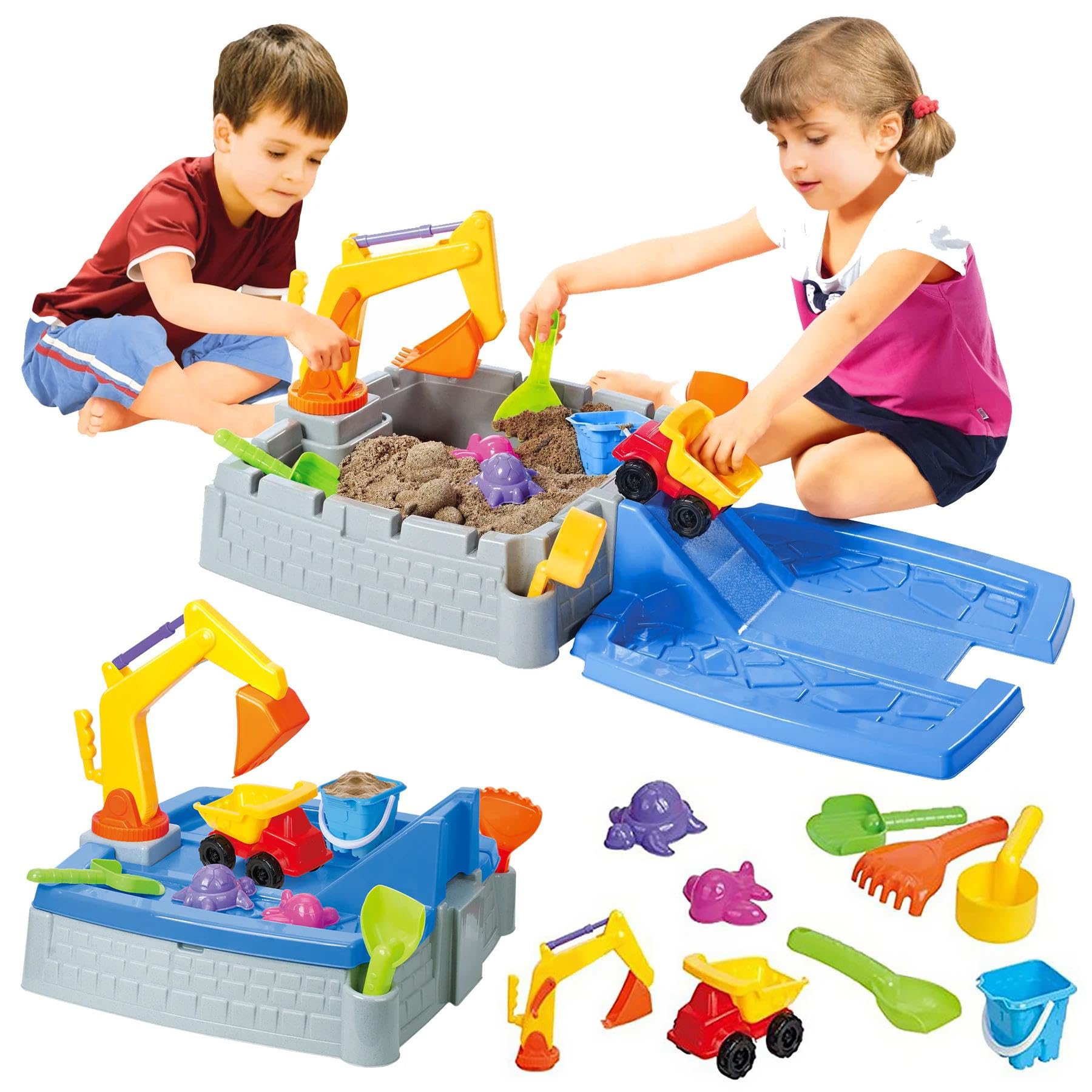 The Magic Toy Shop 2-in-1 Sand and Water Play Table with Truck, Crane, Shovel, Rake, and Sandpit Toys – Outdoor Kids Sandbox Garden Activity Set for Toddlers and Children Imaginative Play