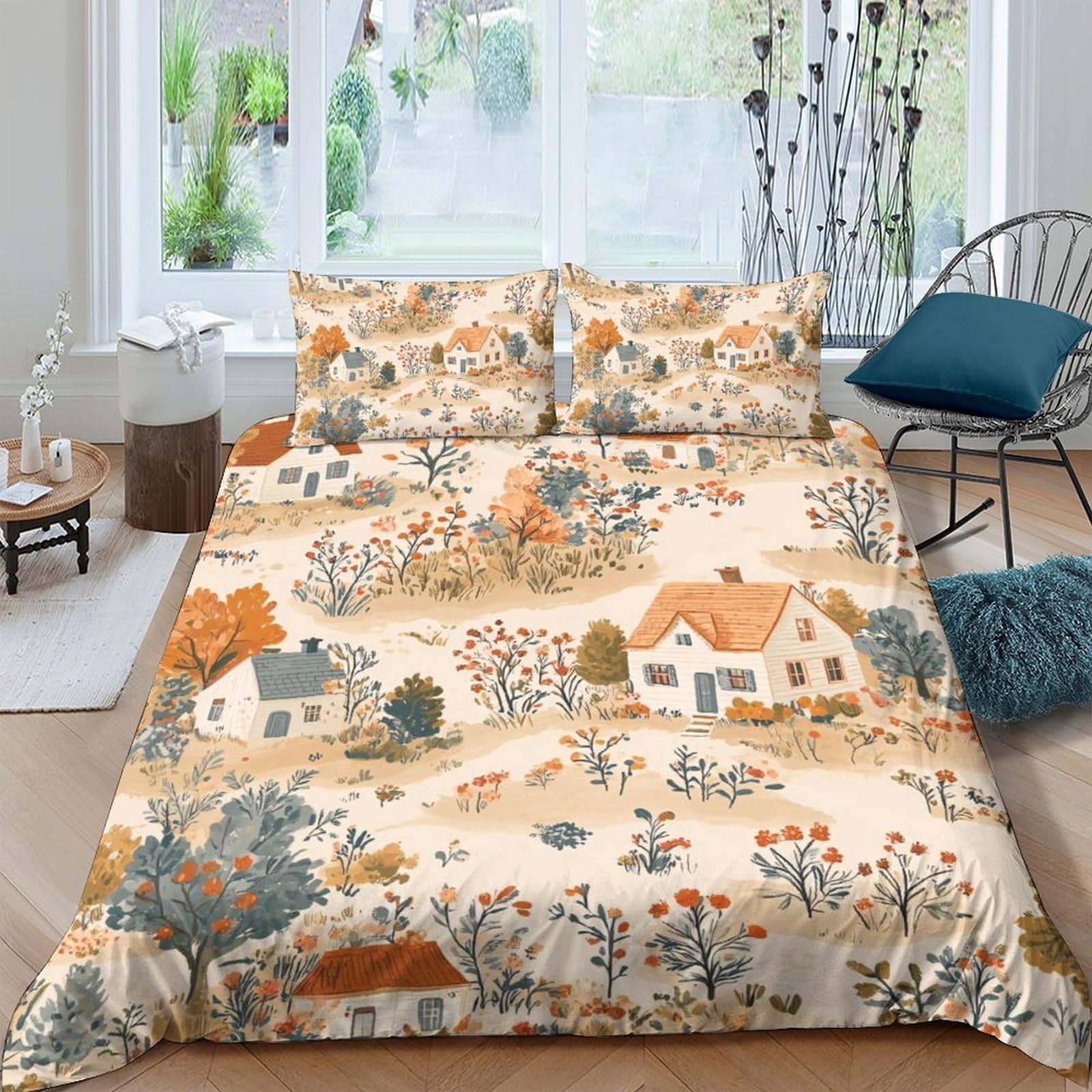 Ctjqhvkz Style-3 3D Printed Cottage Landscape Fitted Sheet Microfiber Soft Village House Bed Cover For Bedroom Dorm Mattress Decor Single（135X200cm）