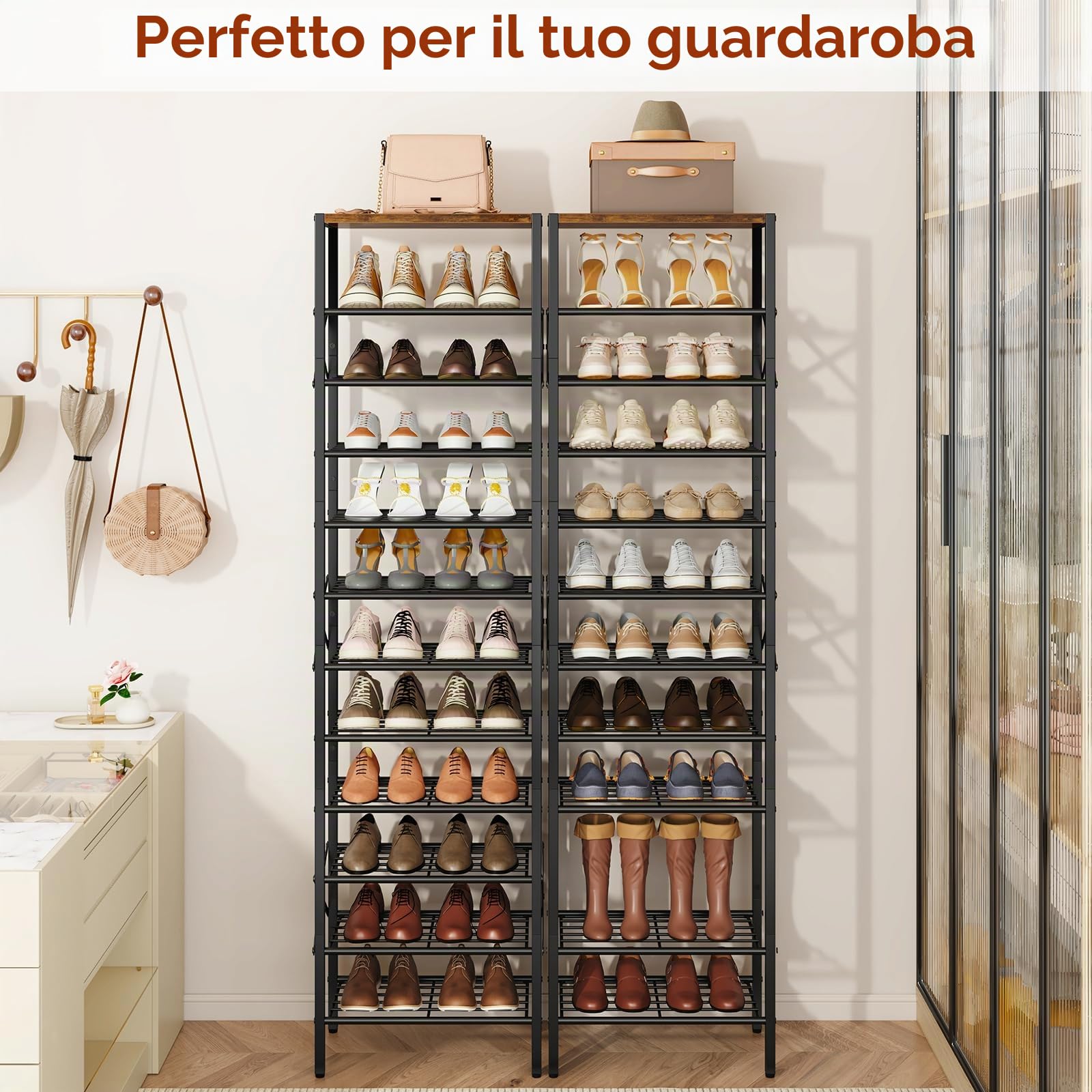 IBUYKE Scarpiera Verticale a 12 Ripiani, Scarpiera Stretta e Alta per 24 Paia di Scarpe, Salvaspazio Scarpiera in Metallo per Ingresso Corridoio Soggiorno, Rustico Marrone e Nero TXJ012H