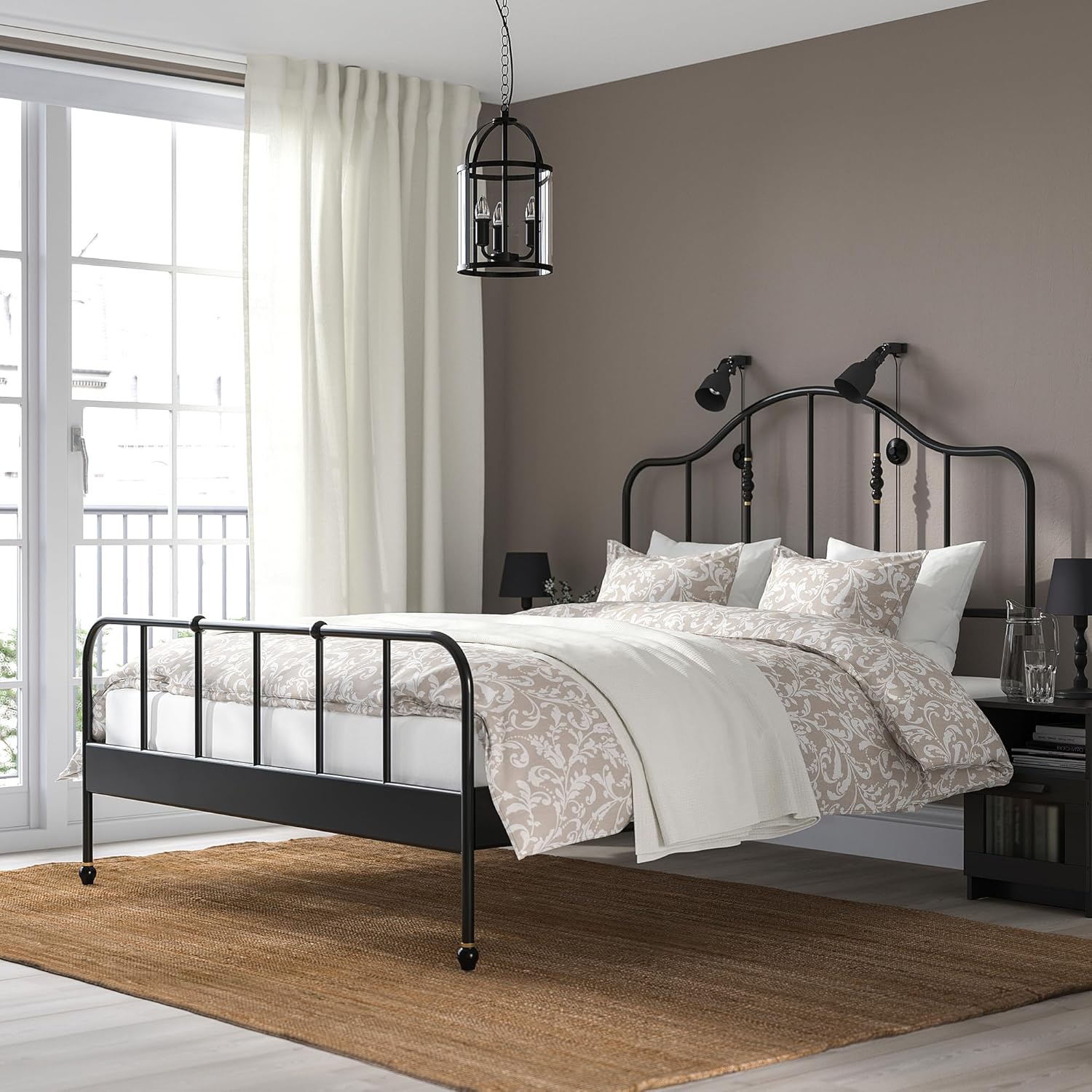 IKEA SAGSTUA bed frame in a light-colored bedroom with white and beige bedding.