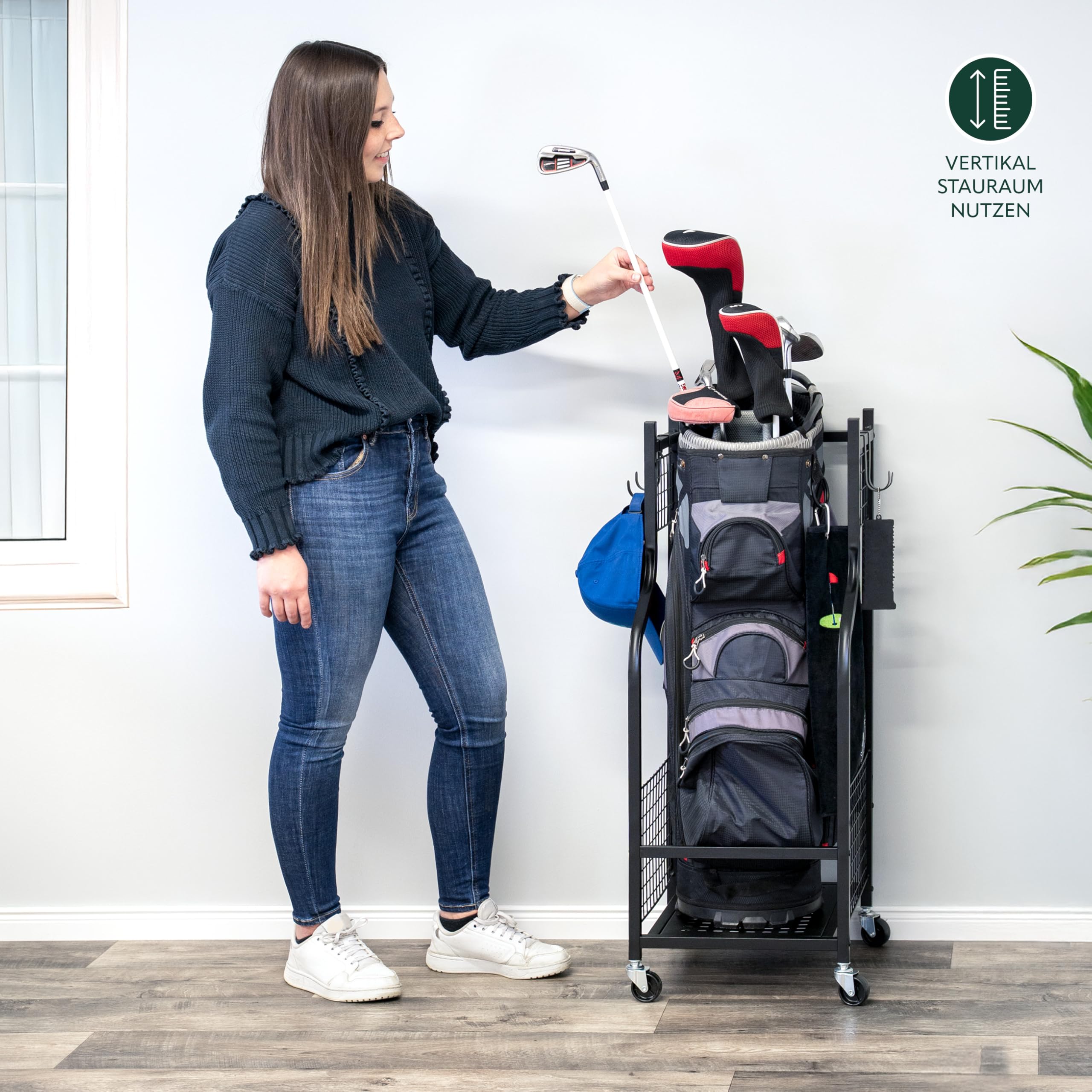 eluno Golftaschen-Organizer, stabiles Standregal mit extra Haken, Aufbewahrungsregal passend f�r 1 Golftasche und Golfausr�stungszubeh�r, Golftaschenhalter, aus schwarzem Stahl
