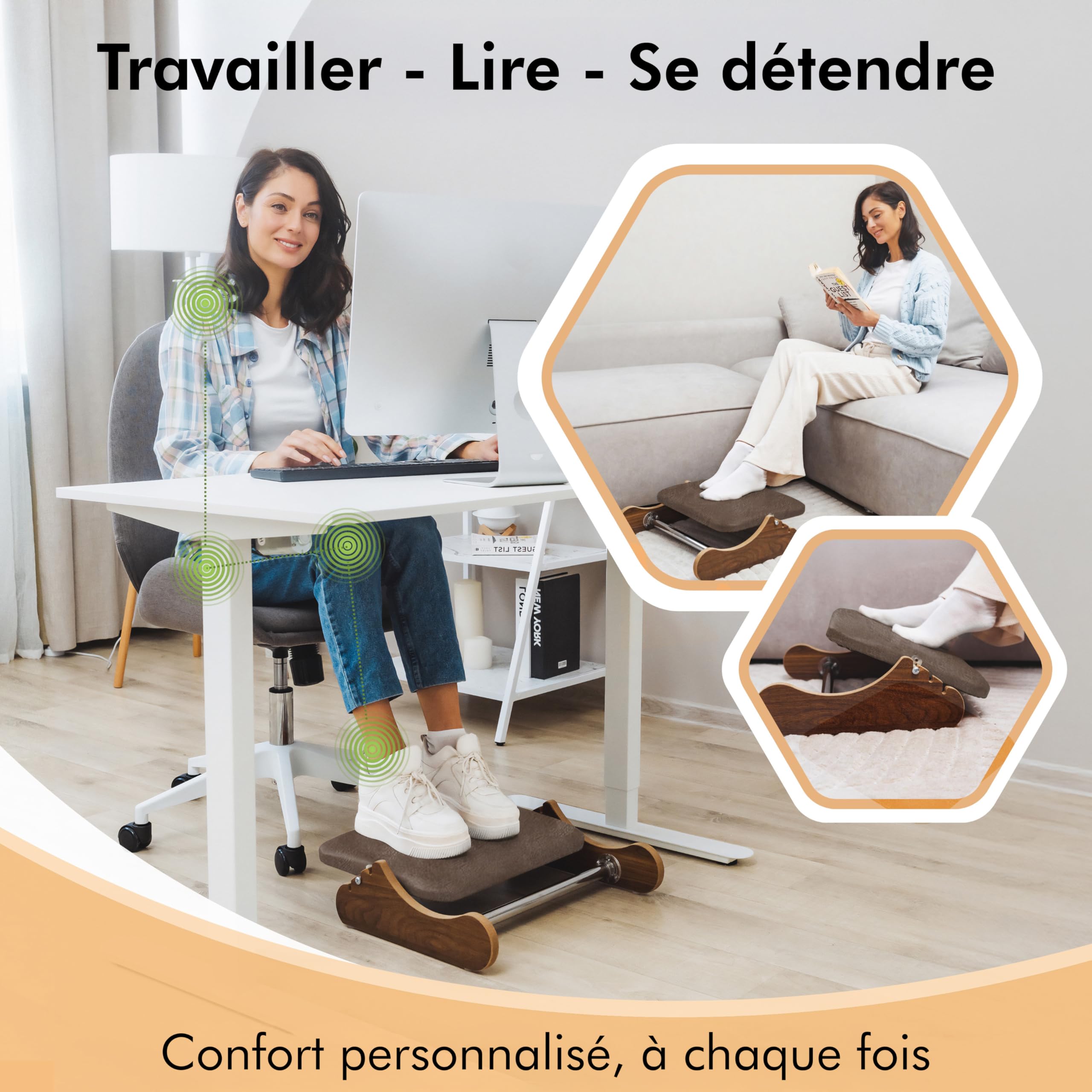 Reposapiés ergonómico de madera, soporte para tobillo acolchado, tejido de ante suave 3 alturas (6/8/10 cm) antideslizante postura y circulación, oficina y teletrabajo
