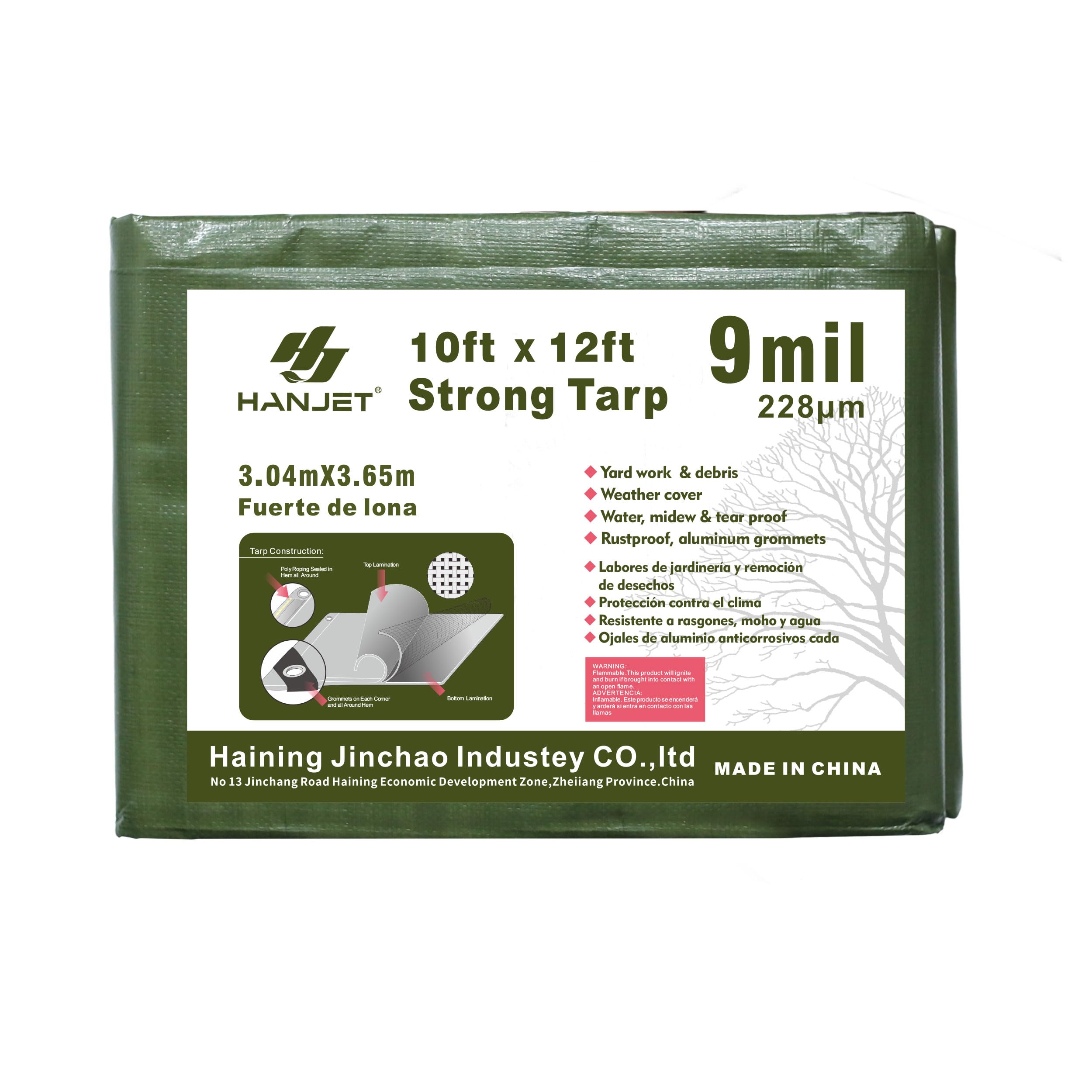 Waterproof 10 x 12 Feet Tarp Heavy Duty 9-mil Thick Multi-Purpose Covers Army Green PE Tarpaulin
