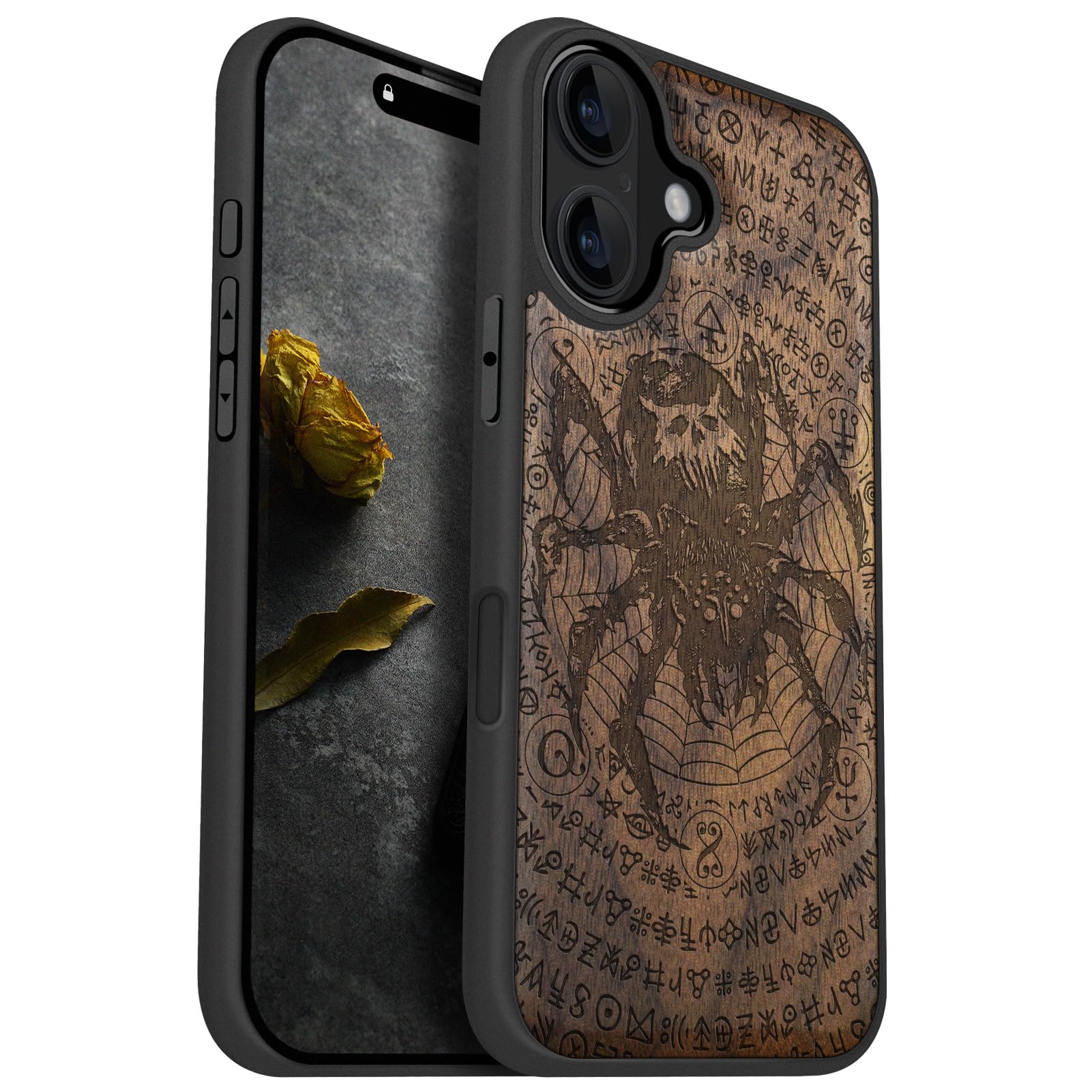 Carveit Magnetic Wooden Case for iPhone 16 Case, Wood Artisan Engraved & Black Soft TPU Shockproof Cover, Compatible with MagSafe Wireless Chargers (