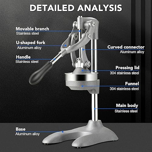 Miniatura 3 de Glimer Exprimidor manual de hierro fundido, prensa de jugo de acero inoxidable para granadas y cítricos, prensa exprimidora de alta resistencia,