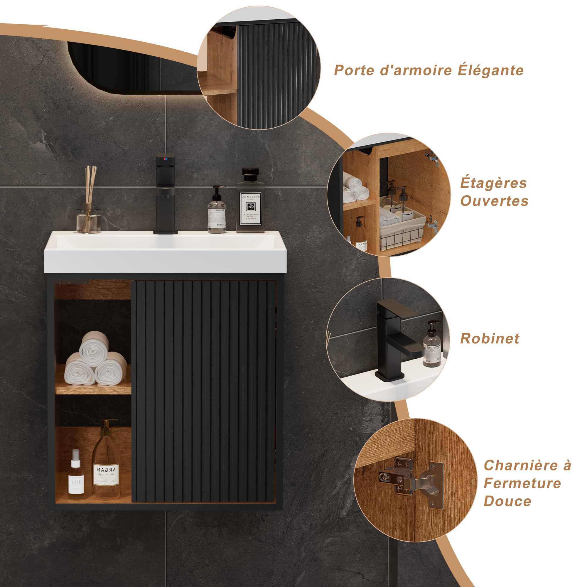 UEV Meuble Lave-Mains Suspendu avec Lavabo en Résine - Meuble de Salle de Bain Mural Gain de Place - Design Moderne à Lignes Verticales et Poignées Métalliques - Rangement Caché, 50x38x55cm, Noir