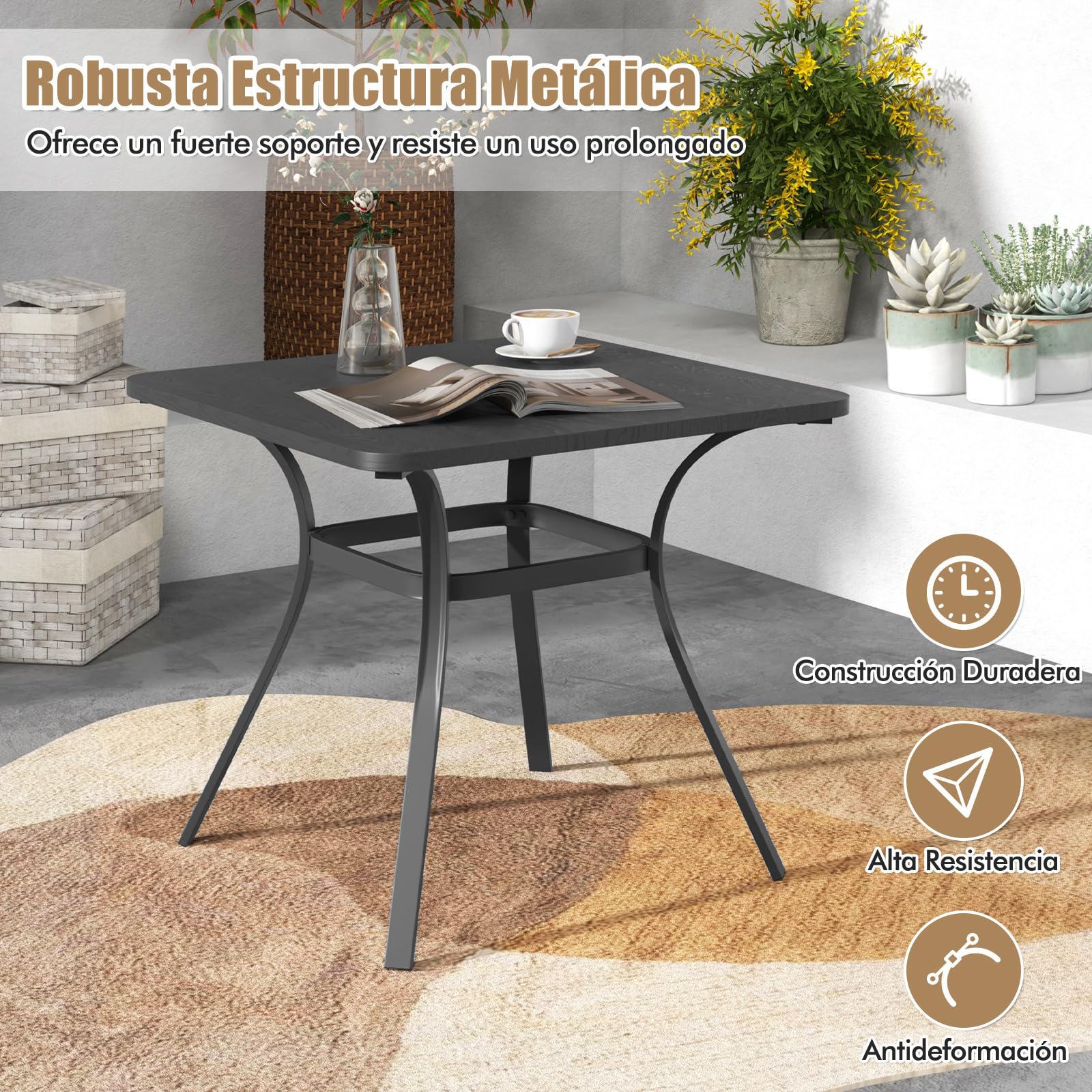 COSTWAY Mesa Jardín Exterior 80X79 CM, Cuadrada para 4, Patas Curvas, Estructura de Metal, Terraza Balcón, Gris