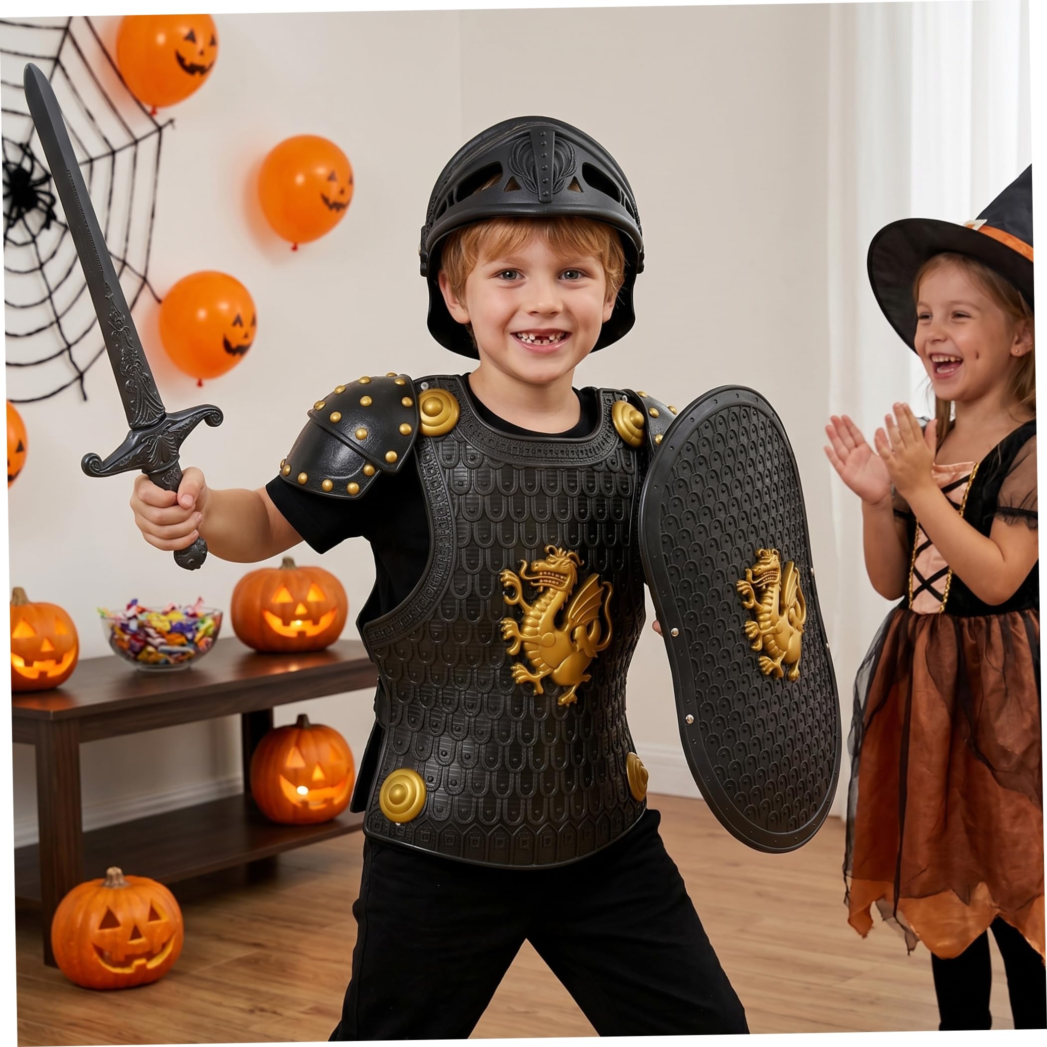 Costume da cavaliere nero per bambini con spada, scudo e elmo, set di armature di Halloween a tema drago