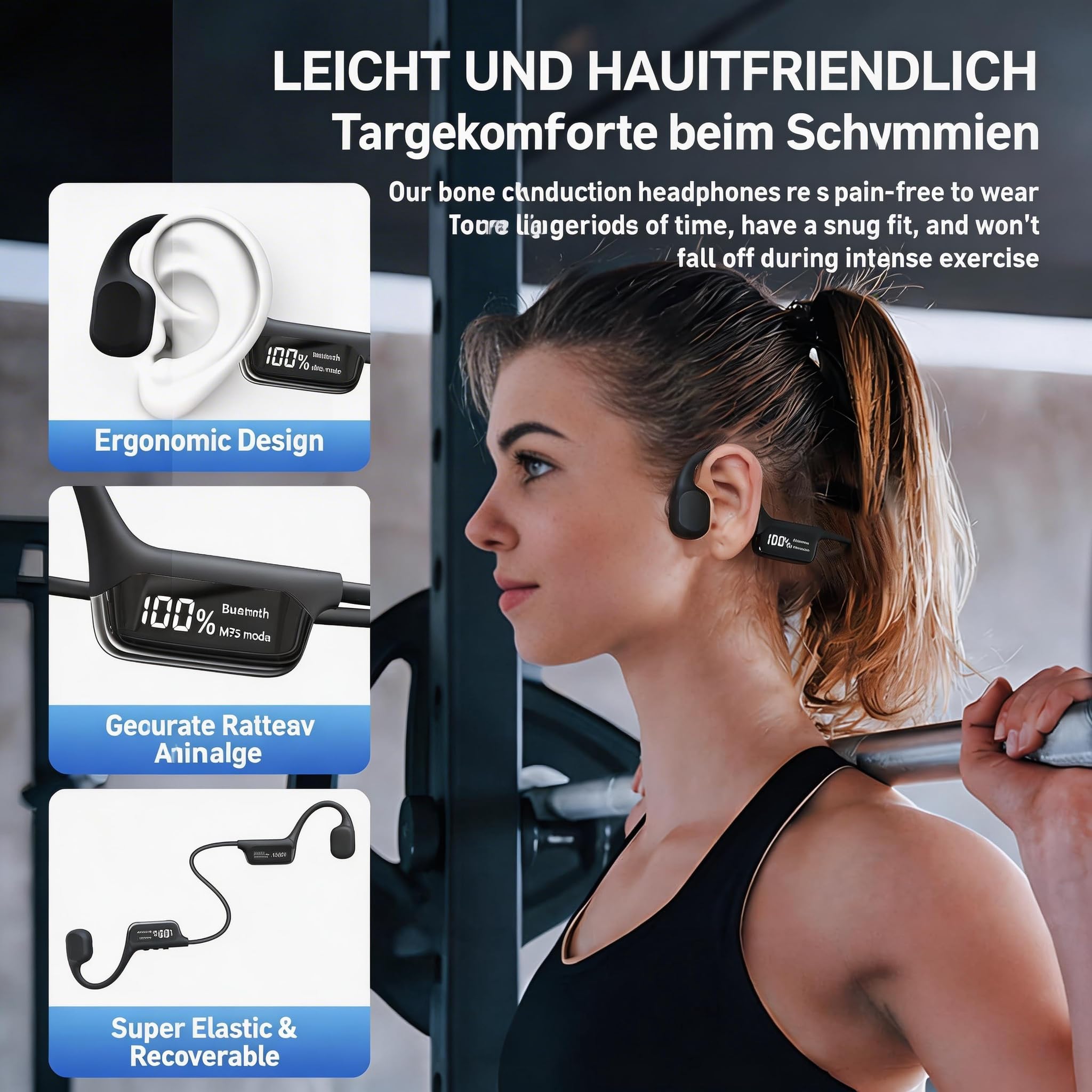 Schwimmkopfhörer Bluetooth 5.4 mit 32 GB MP3-Speicher, IPX8 wasserdichte Knochenleitung Kopfhörer, Kabellos mit LED-Display für Schwimmen, Laufen, Radfahren und Fitness