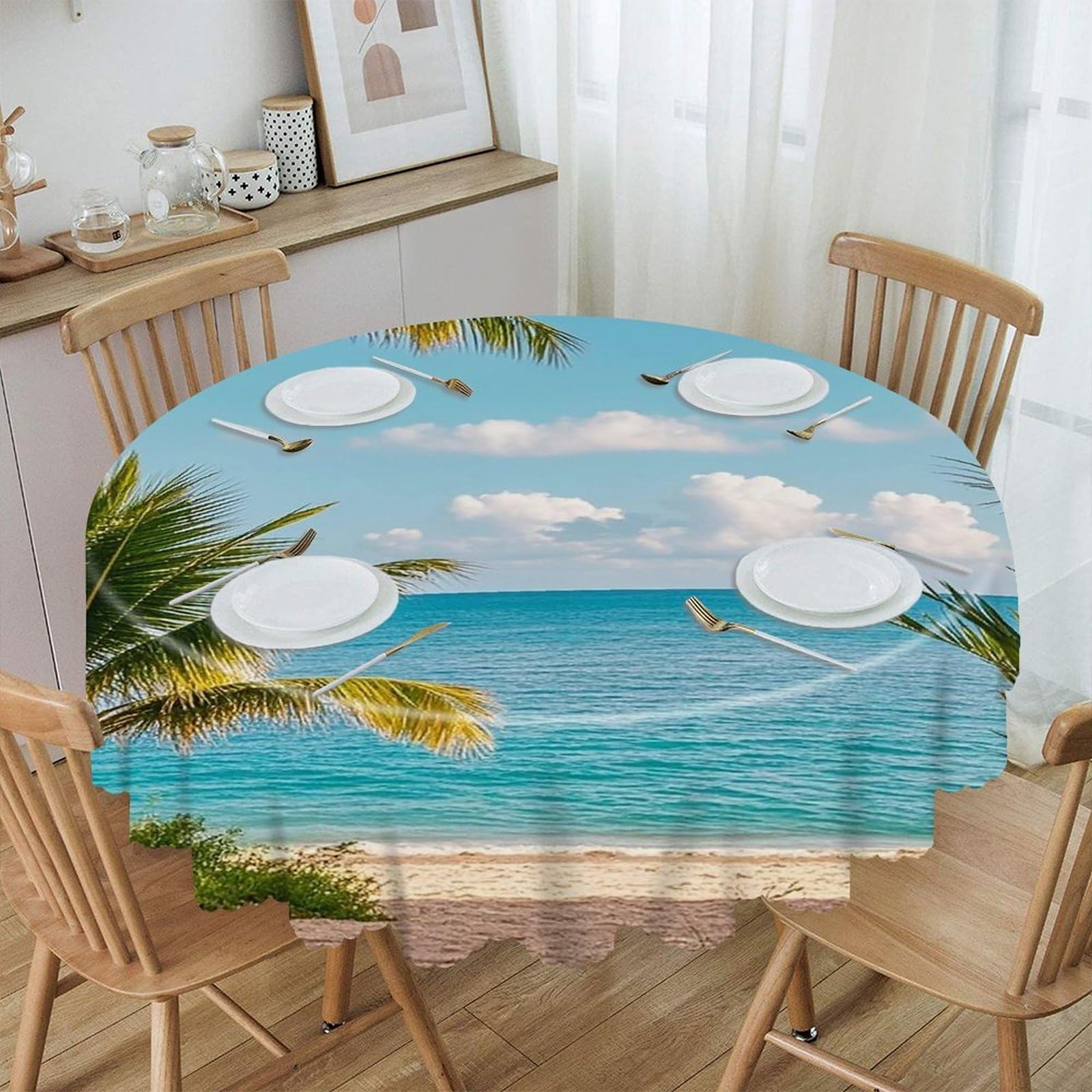 FekiLoot Tropical Palm Trees Round Tablecloth 60 Inch Waterproof Heavy Duty Table Cloth Spillproof Washable Table Cover Wrinkle Resistant Tablecloths Decorative Table Cloths