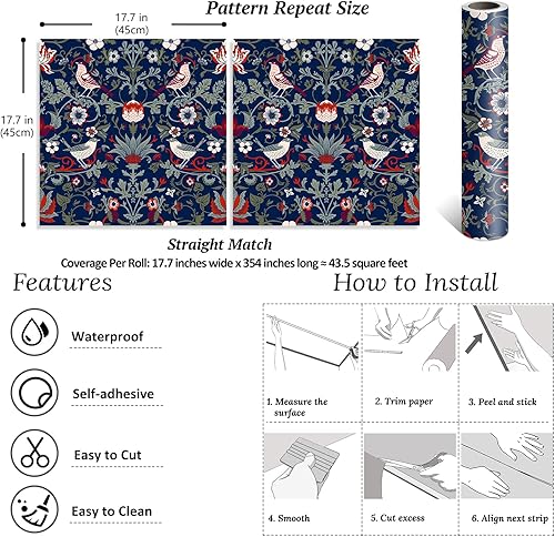 Miniatura 10 de VEELIKE Papel tapiz floral vintage de damasco azul marino, 17.7 x 118 pulgadas, papel tapiz autoadhesivo extraíble, papel de contacto azul para