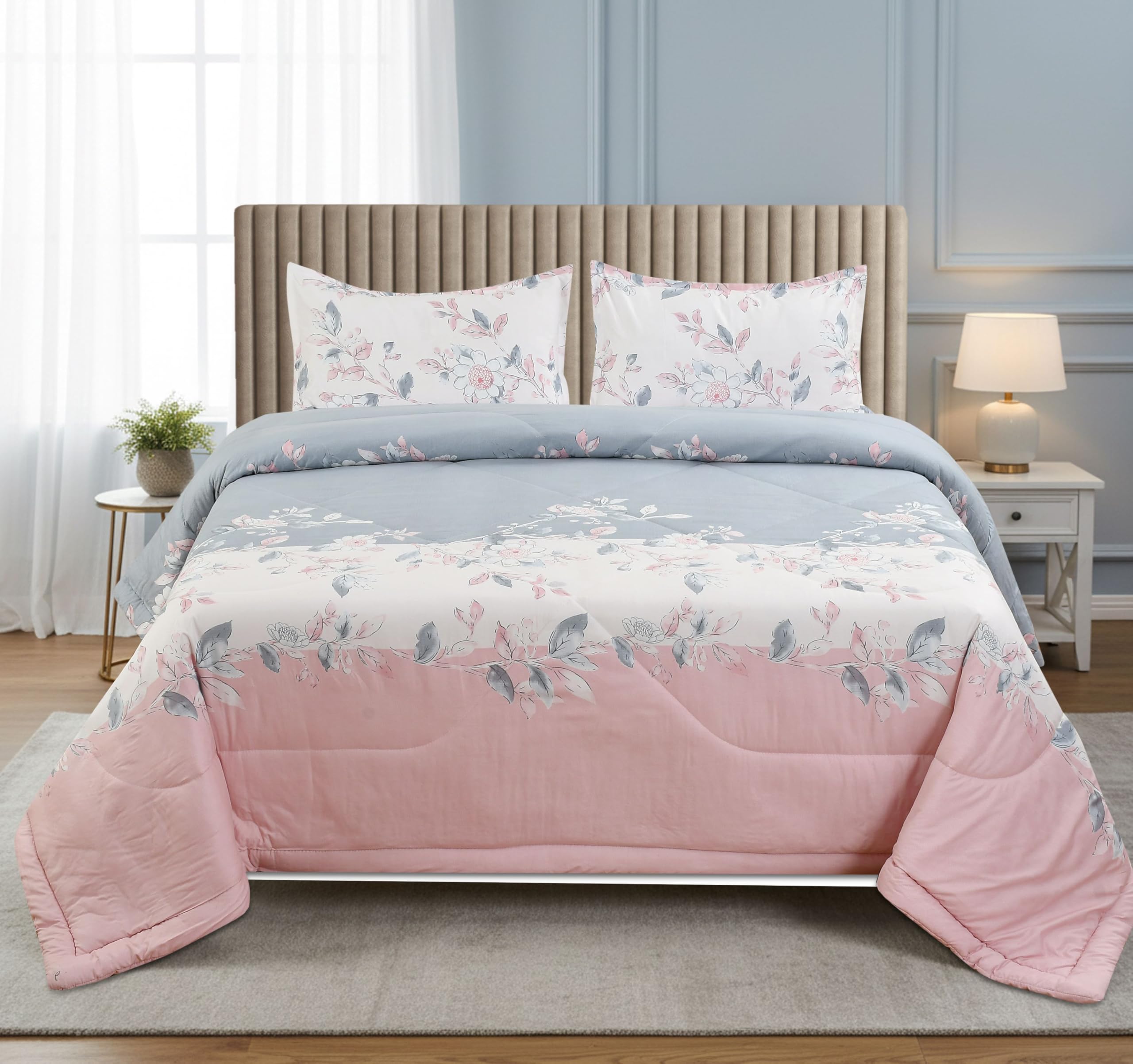 VOMZER Super Soft Microfiber All-Season King Size AC Comforter (90x95 Inches) | Duvet for Double Bed with 1 Elastic Fitted Bedsheet (72x78 Inches) 2 Pillow Covers | 4 Piece Comforter Set Clovis Pink-image-24