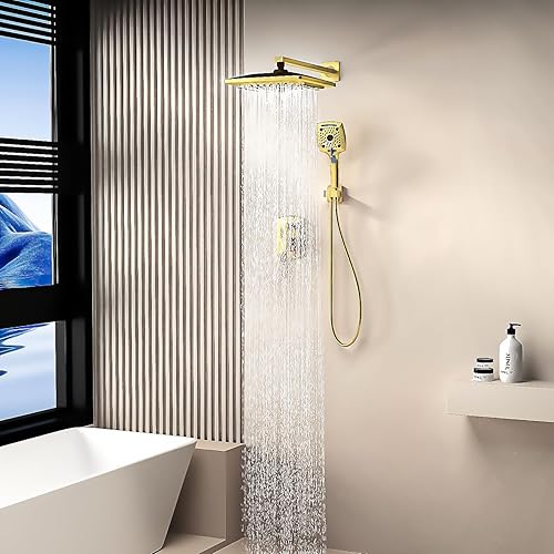 Miniatura 5 de ELLO&ALLO Juego de grifo de ducha de baño, válvula mezcladora y kit de molduras, sistema de ducha completo con válvula áspera, oro cepillado